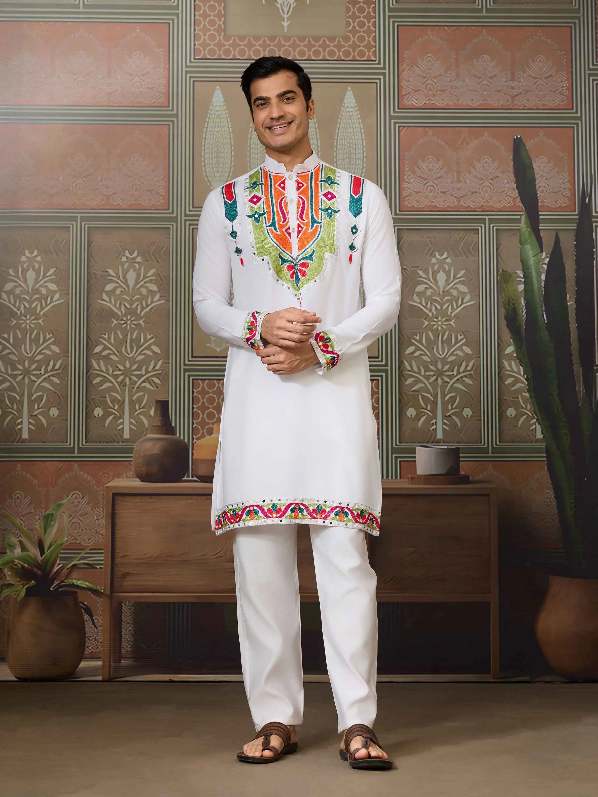 White Navratri Kurta Set Multi Thread And Real Mirror Work - qivii