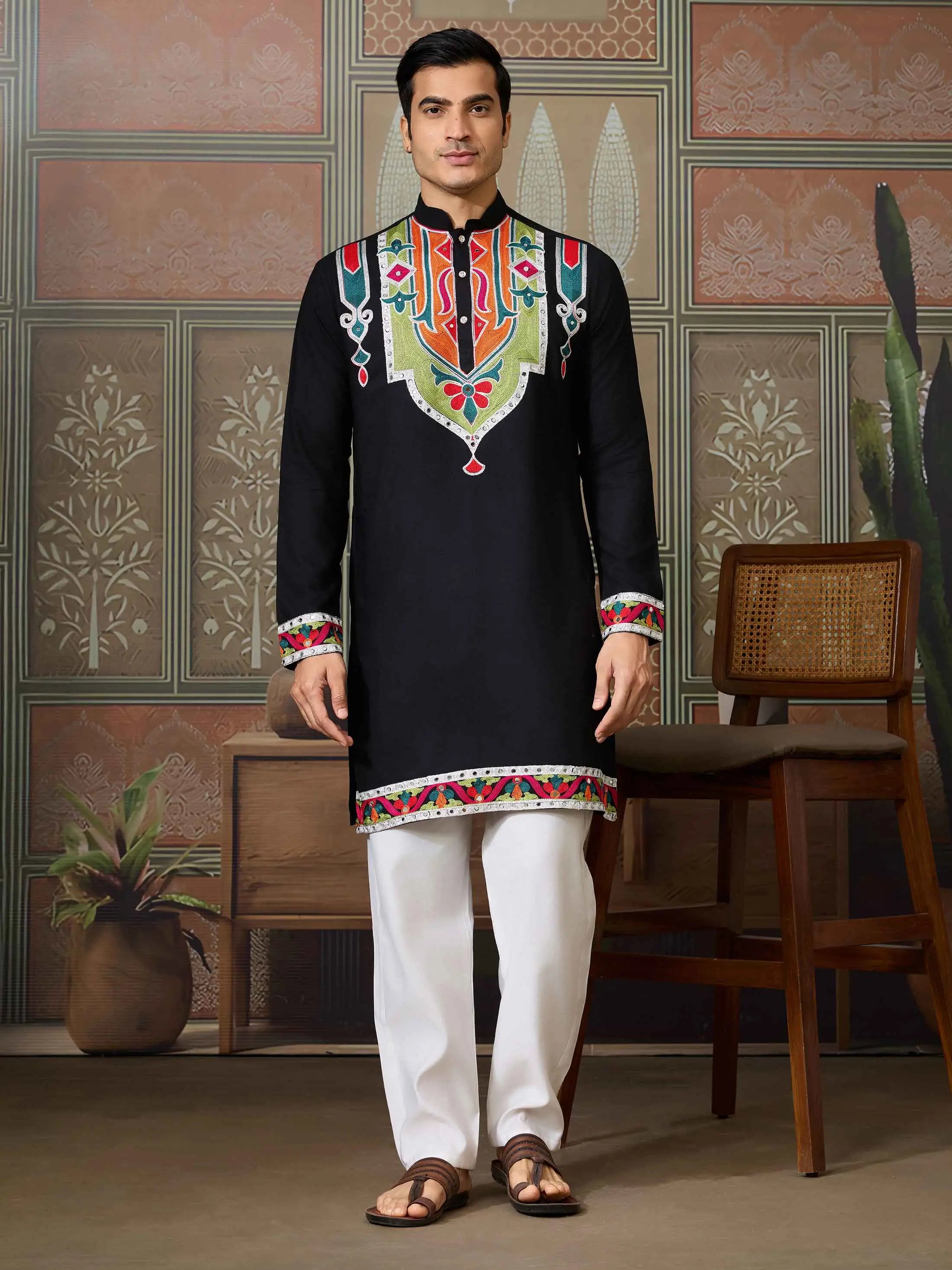 Black Navratri Kurta Set Multi Thread And Real Mirror Work