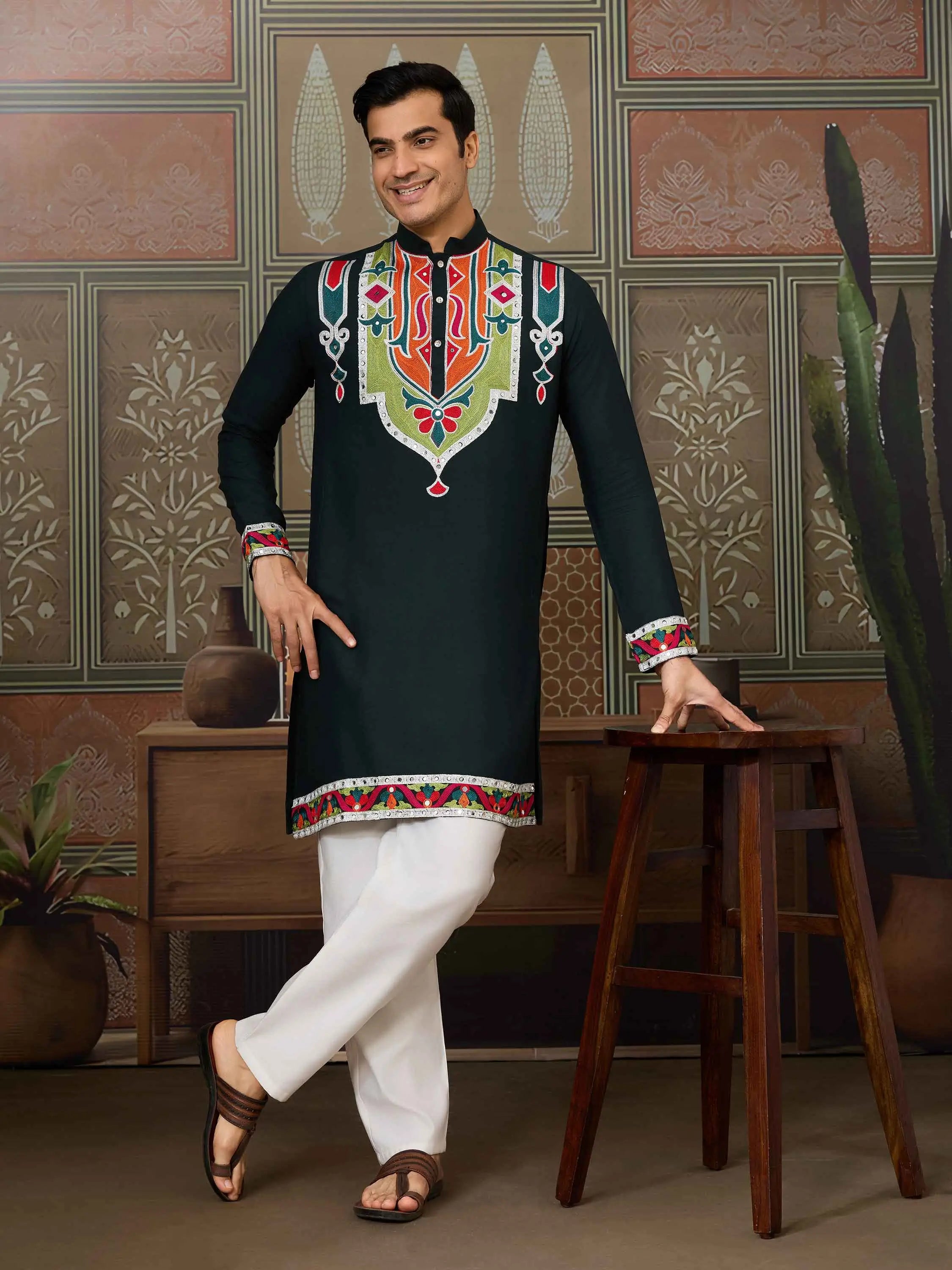 Dark Green Navratri Kurta Set Multi Thread And Real Mirror Work - qivii