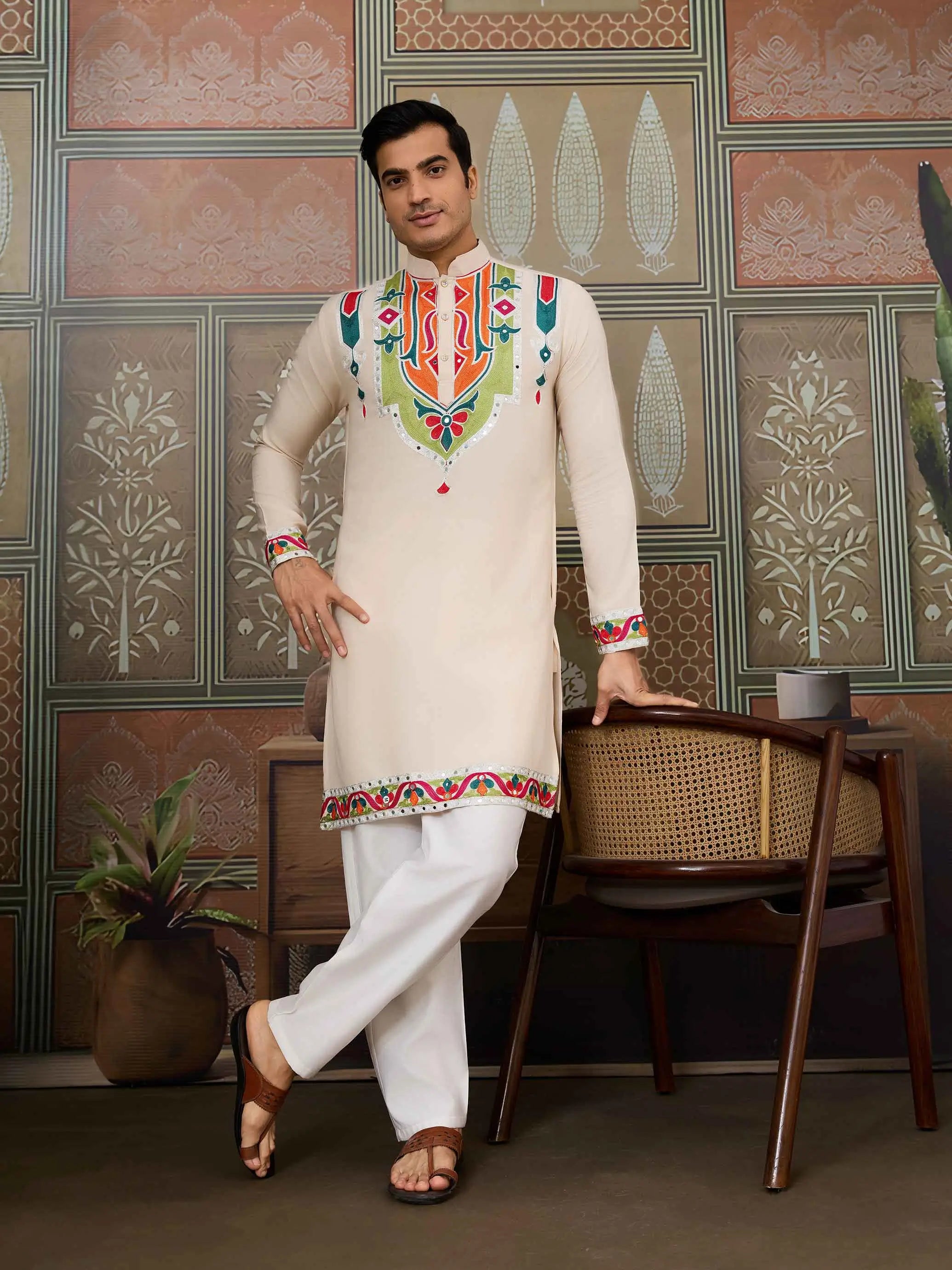 Cream Navratri Kurta Set Multi Thread And Real Mirror Work