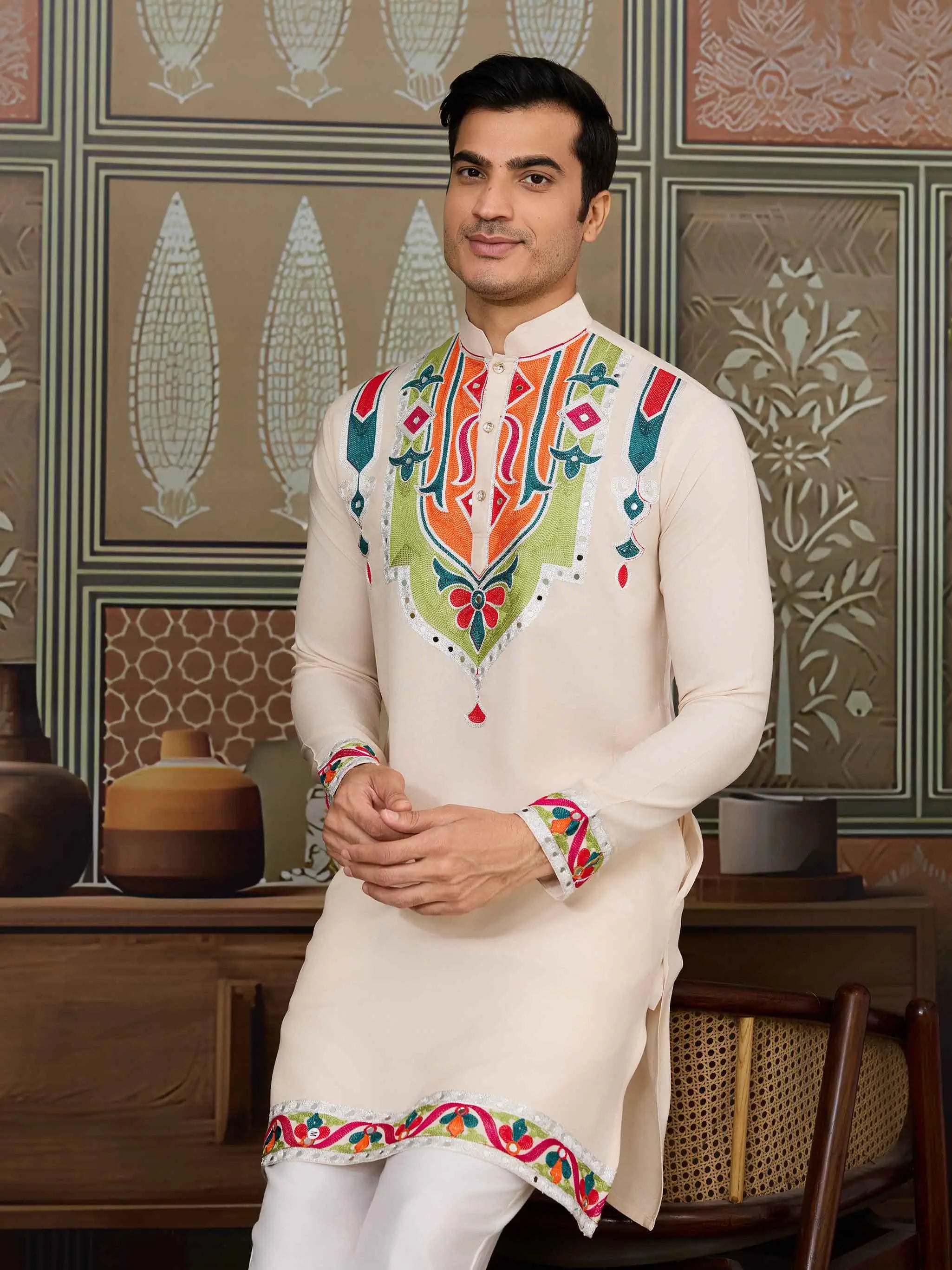 Cream Navratri Kurta Set Multi Thread And Real Mirror Work