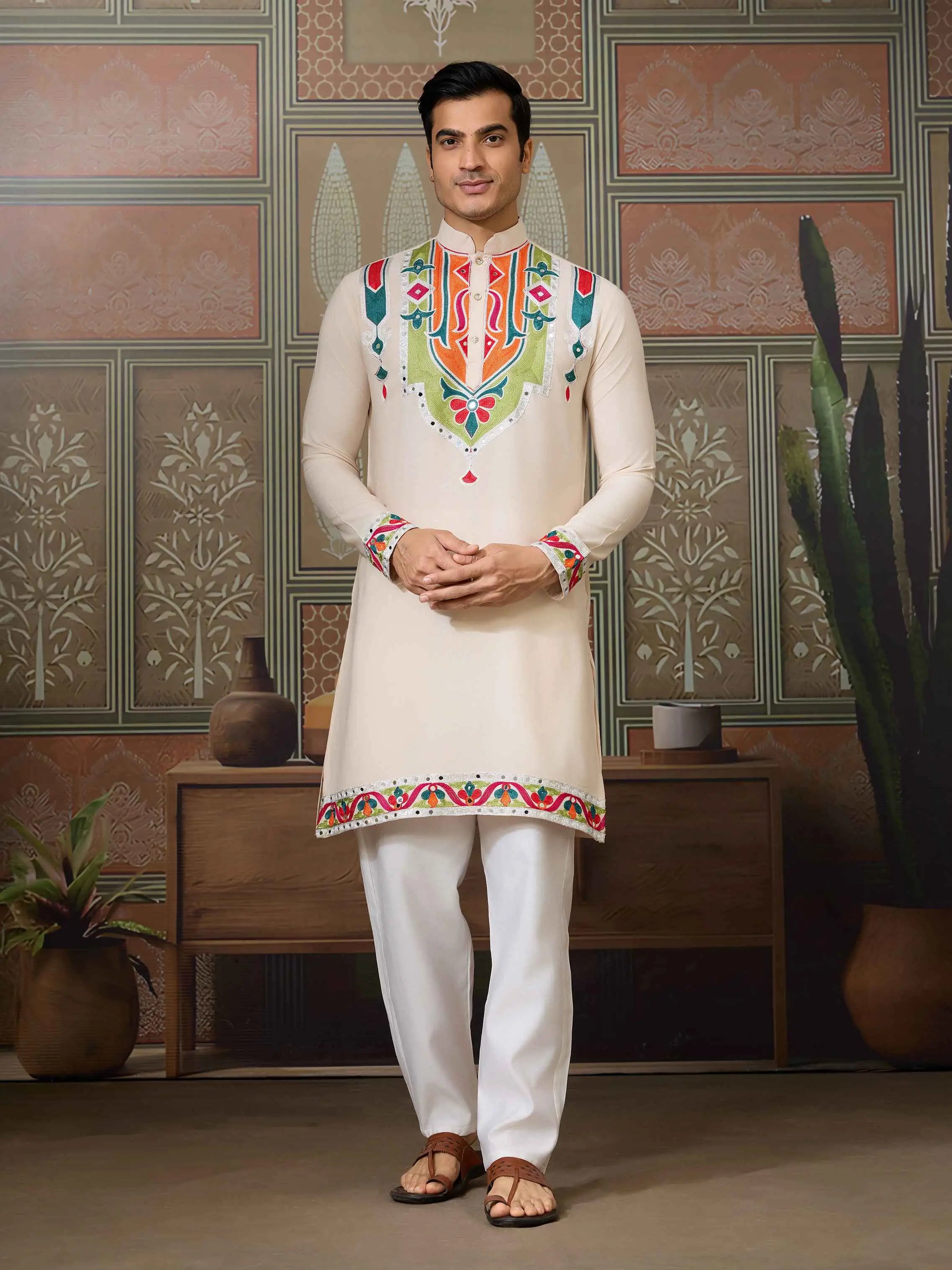 Cream Navratri Kurta Set Multi Thread And Real Mirror Work