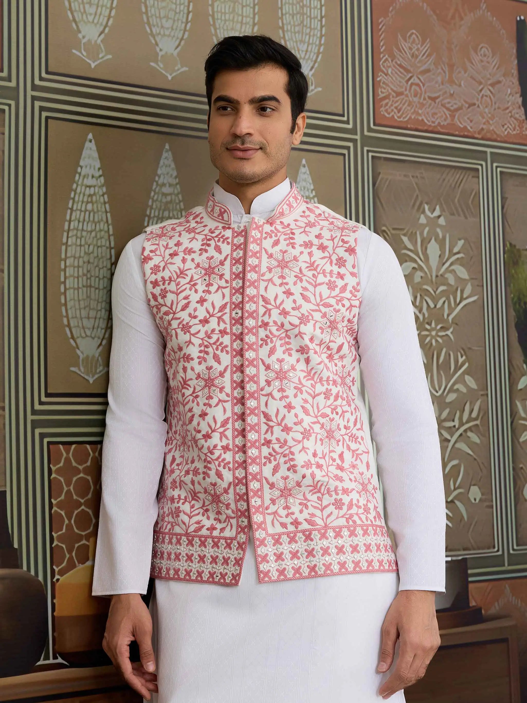 Peach Silk Kurta Set With Embroidery & Mirror Work Koti - qivii