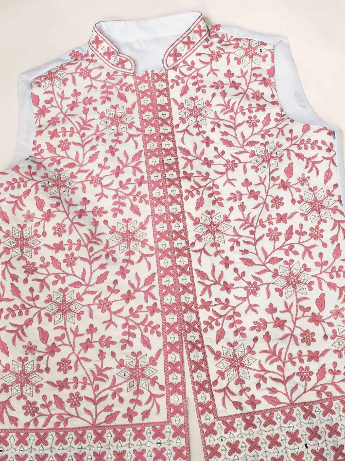 Peach Silk Kurta Set With Embroidery & Mirror Work Koti