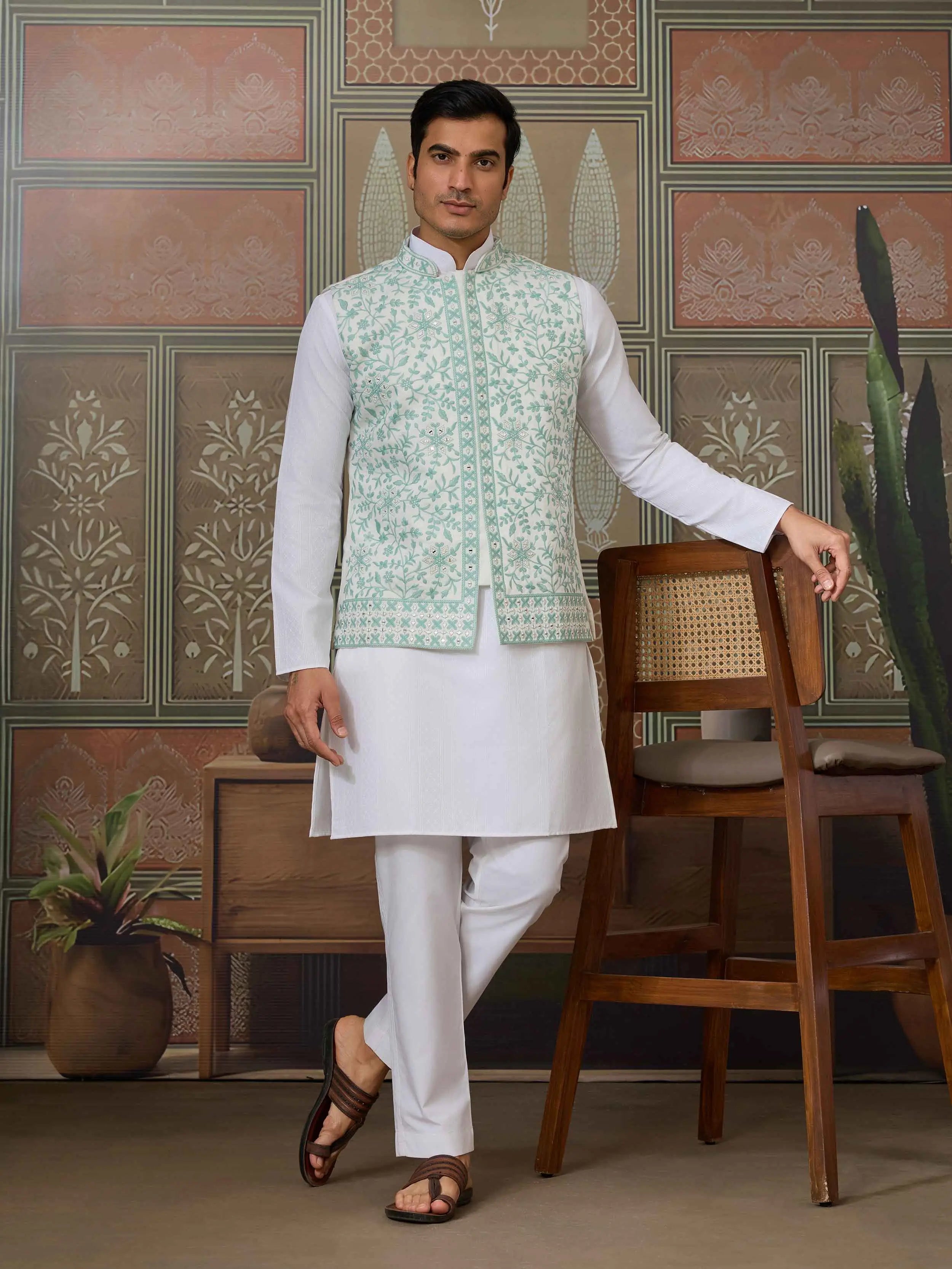 Green Silk Kurta Set With Embroidery & Mirror Work Koti - qivii