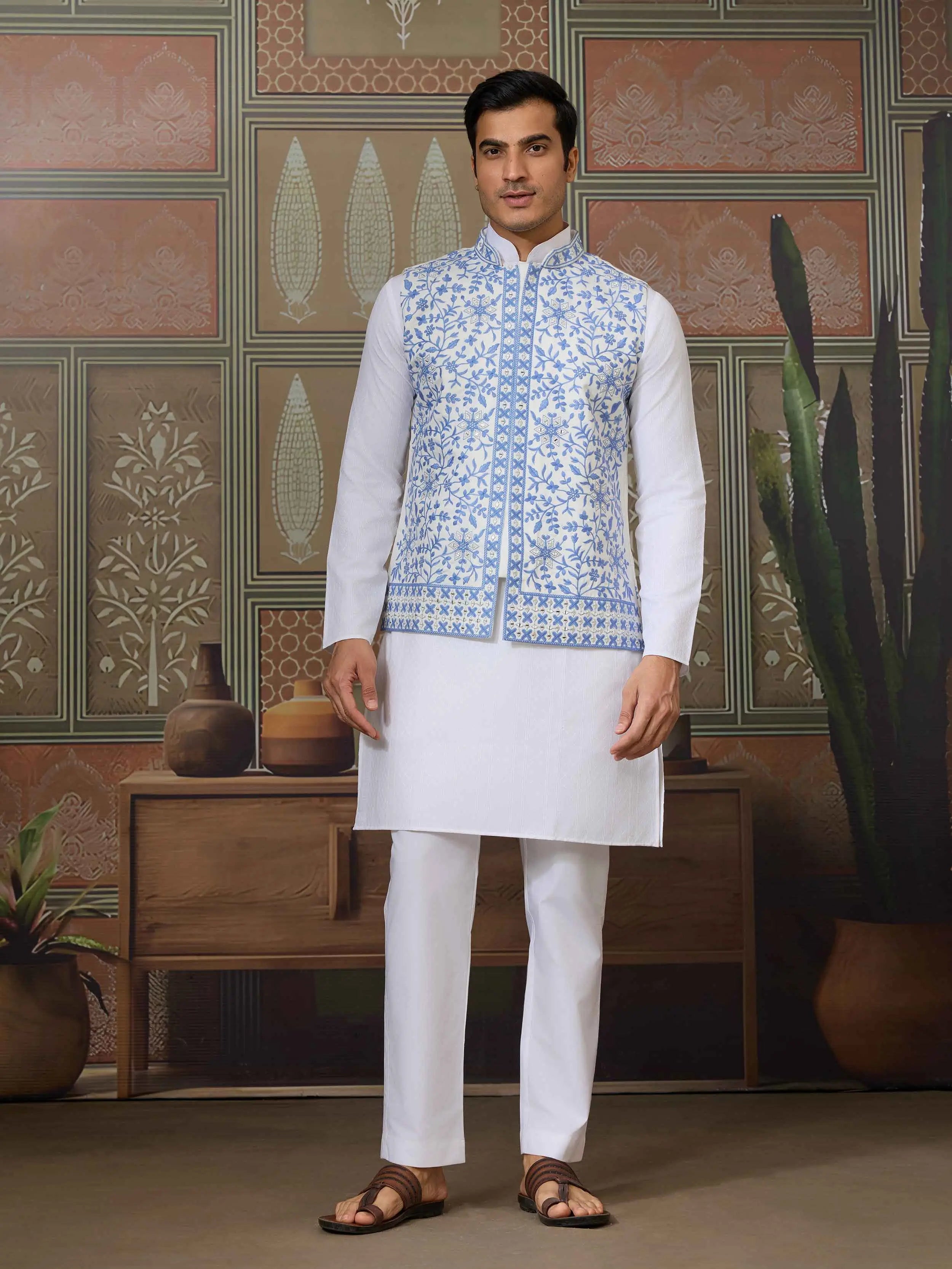 Blue Silk Kurta Set With Embroidery & Mirror Work Koti - qivii