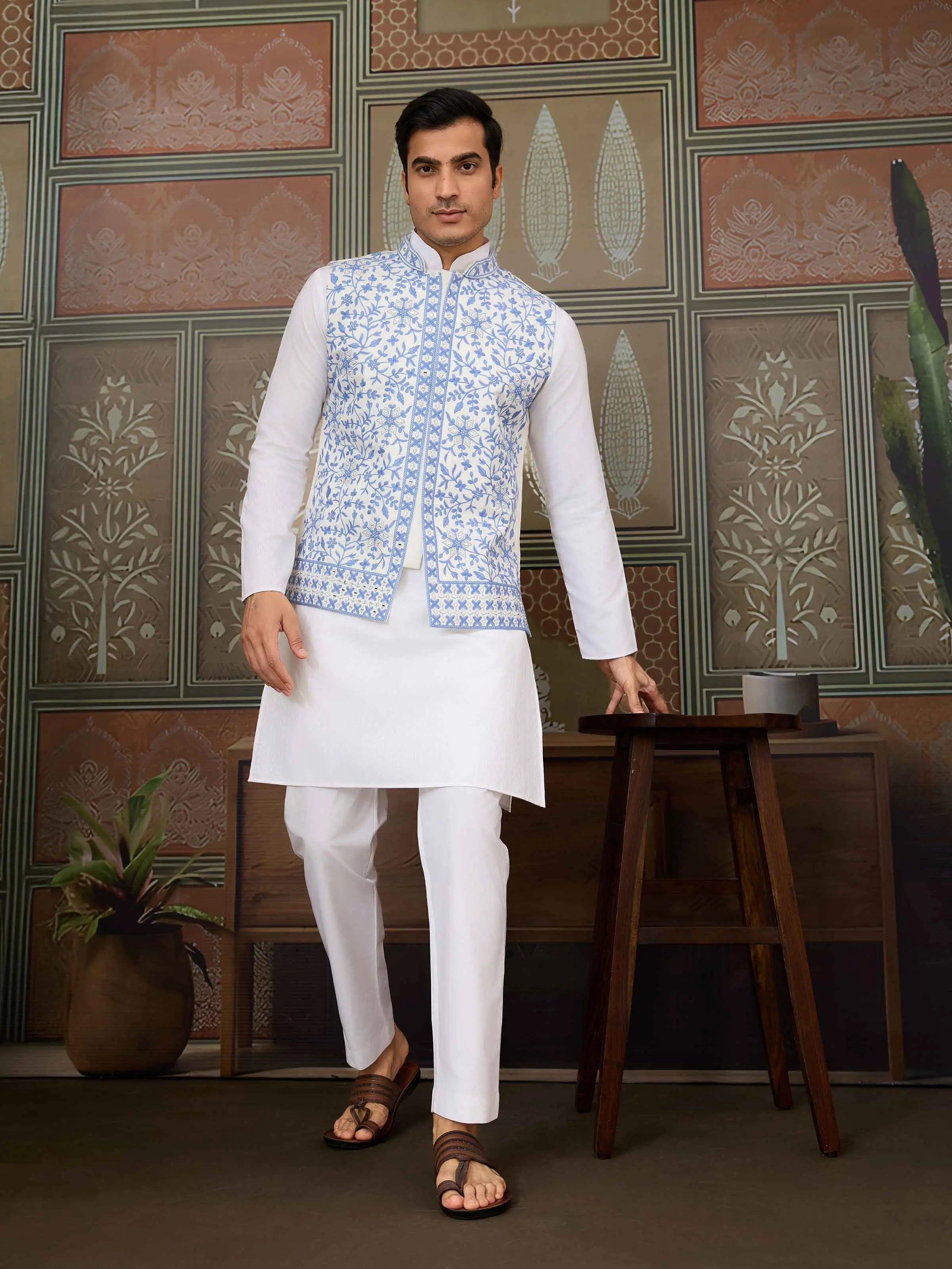 Blue Silk Kurta Set With Embroidery & Mirror Work Koti - qivii