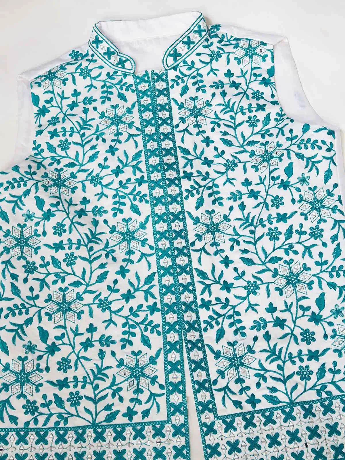 Teal Blue Silk Kurta Set With Embroidery & Mirror Koti - qivii