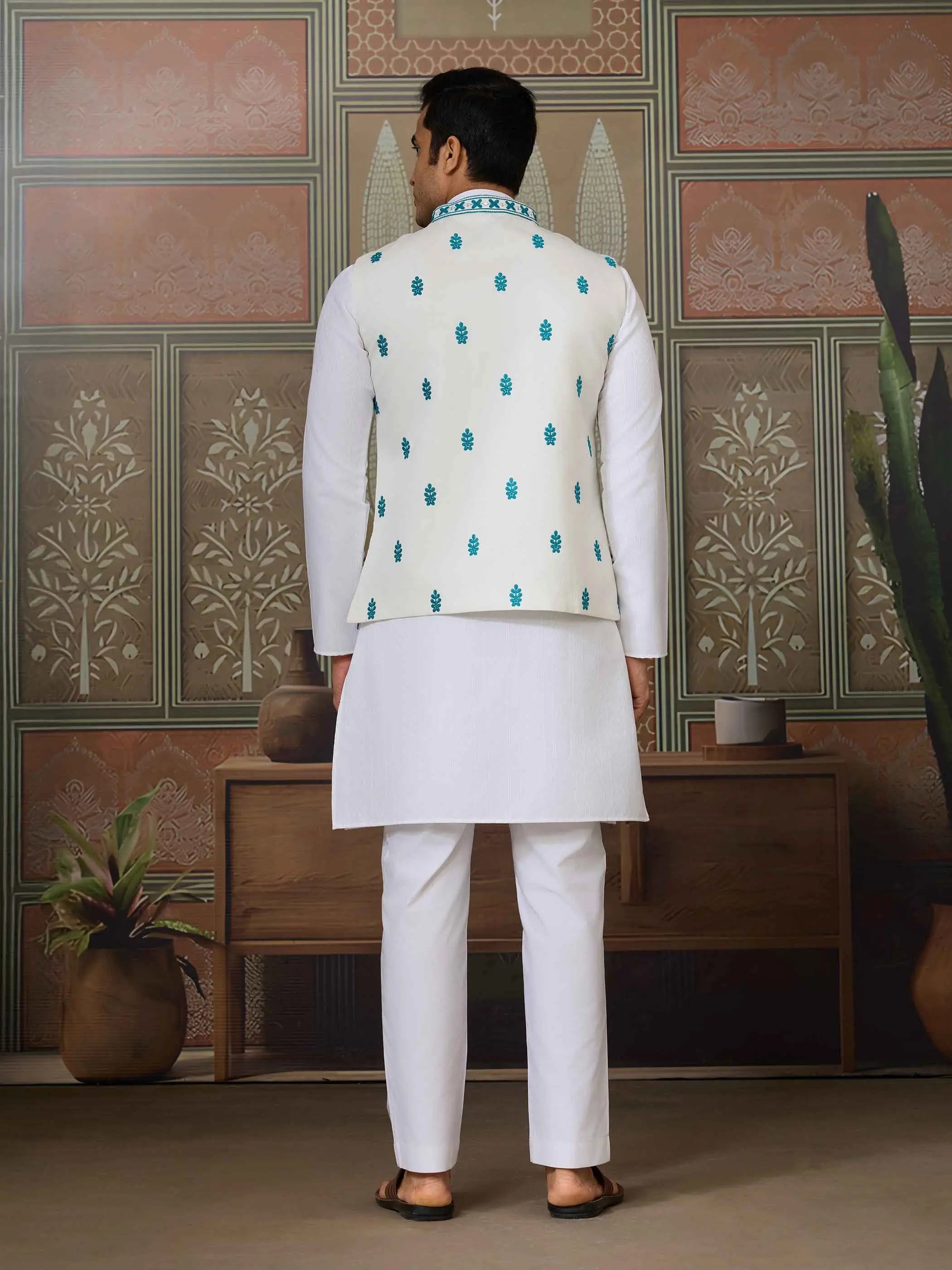 Teal Blue Silk Kurta Set With Embroidery & Mirror Koti - qivii