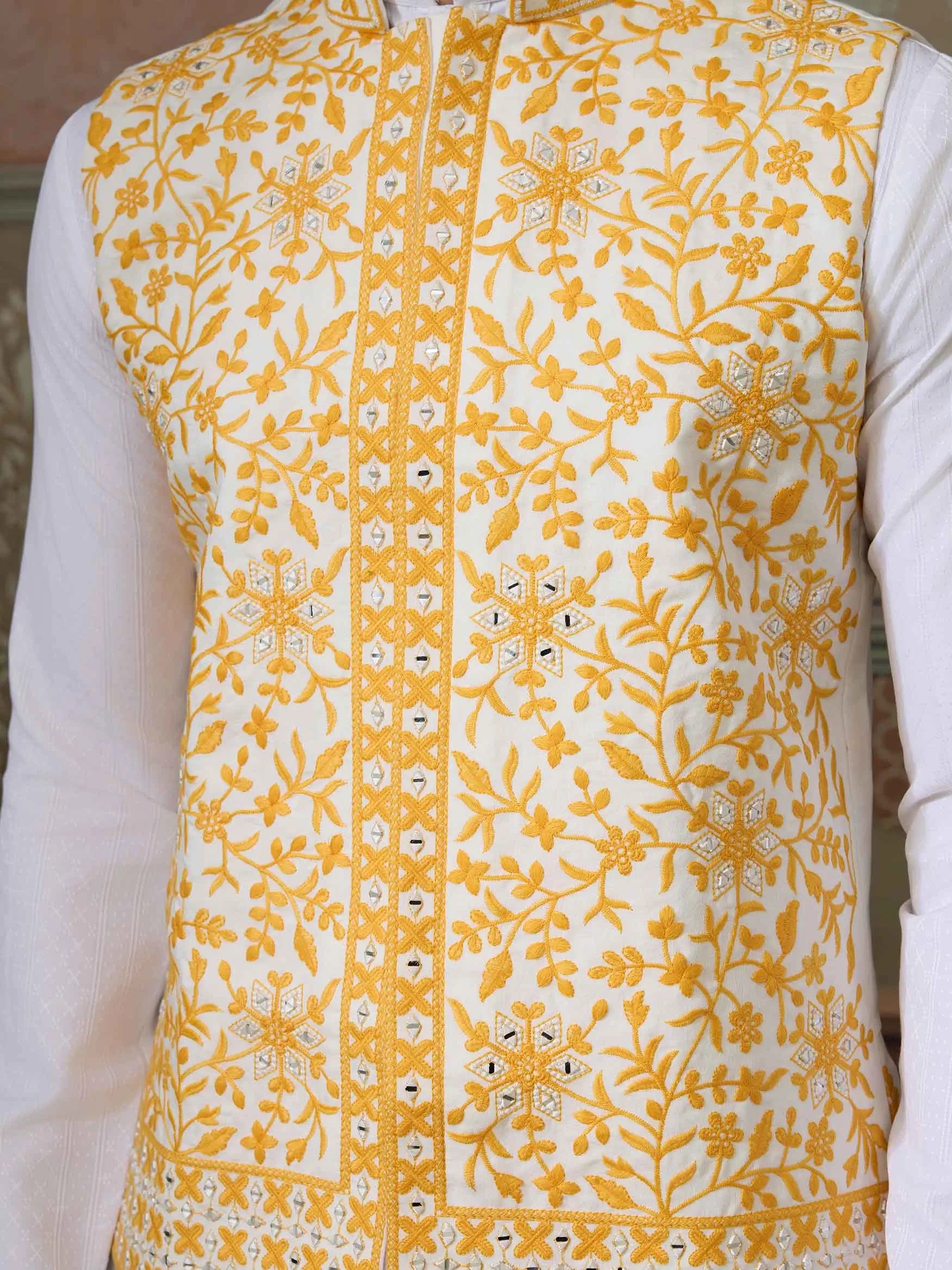Yellow Silk Kurta Set With Embroidery & Mirror Work Koti - qivii