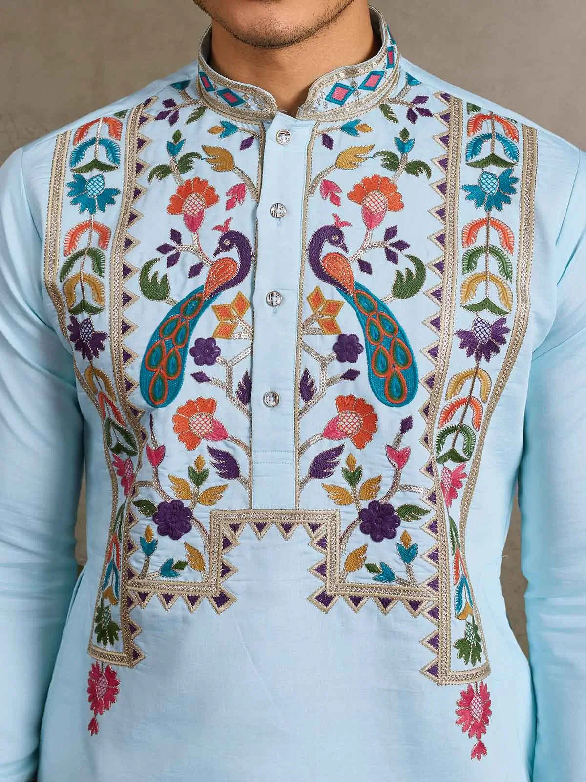 Sky Blue Multi Thread Sequins Embroidery Work Festive Wear Kurta Set