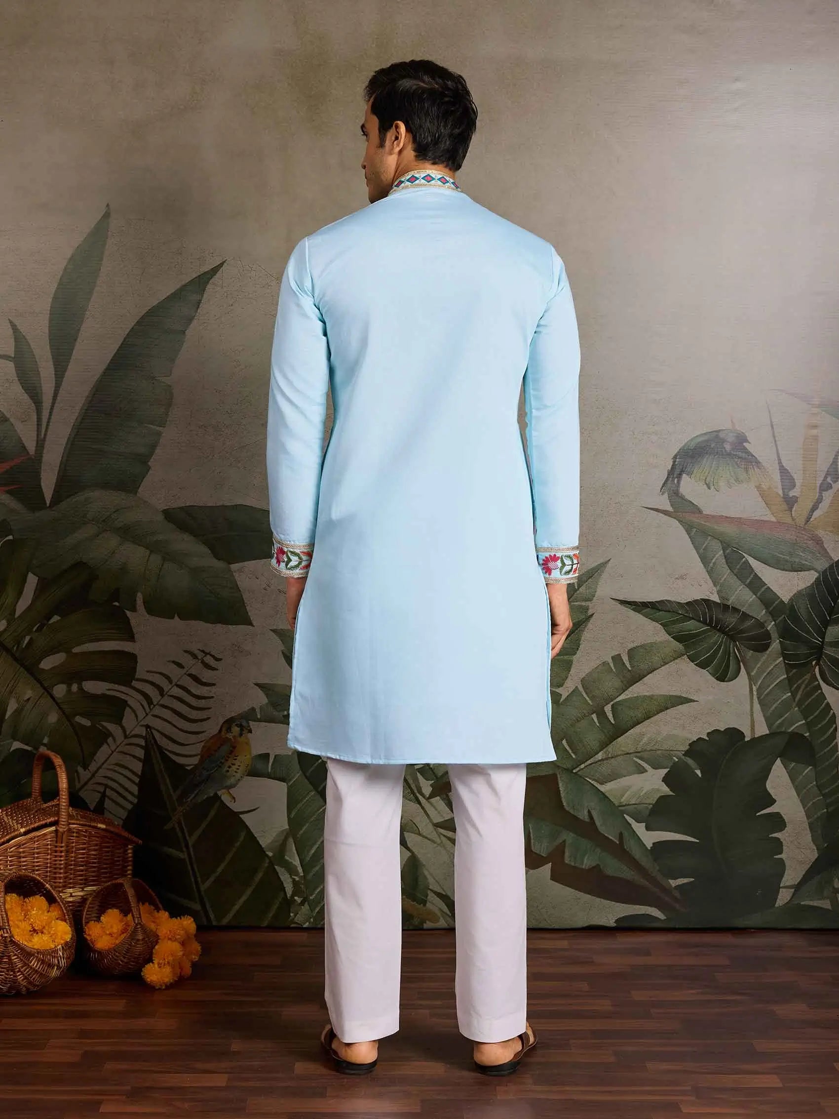 Sky Blue Multi Thread Sequins Embroidery Work Festive Wear Kurta Set