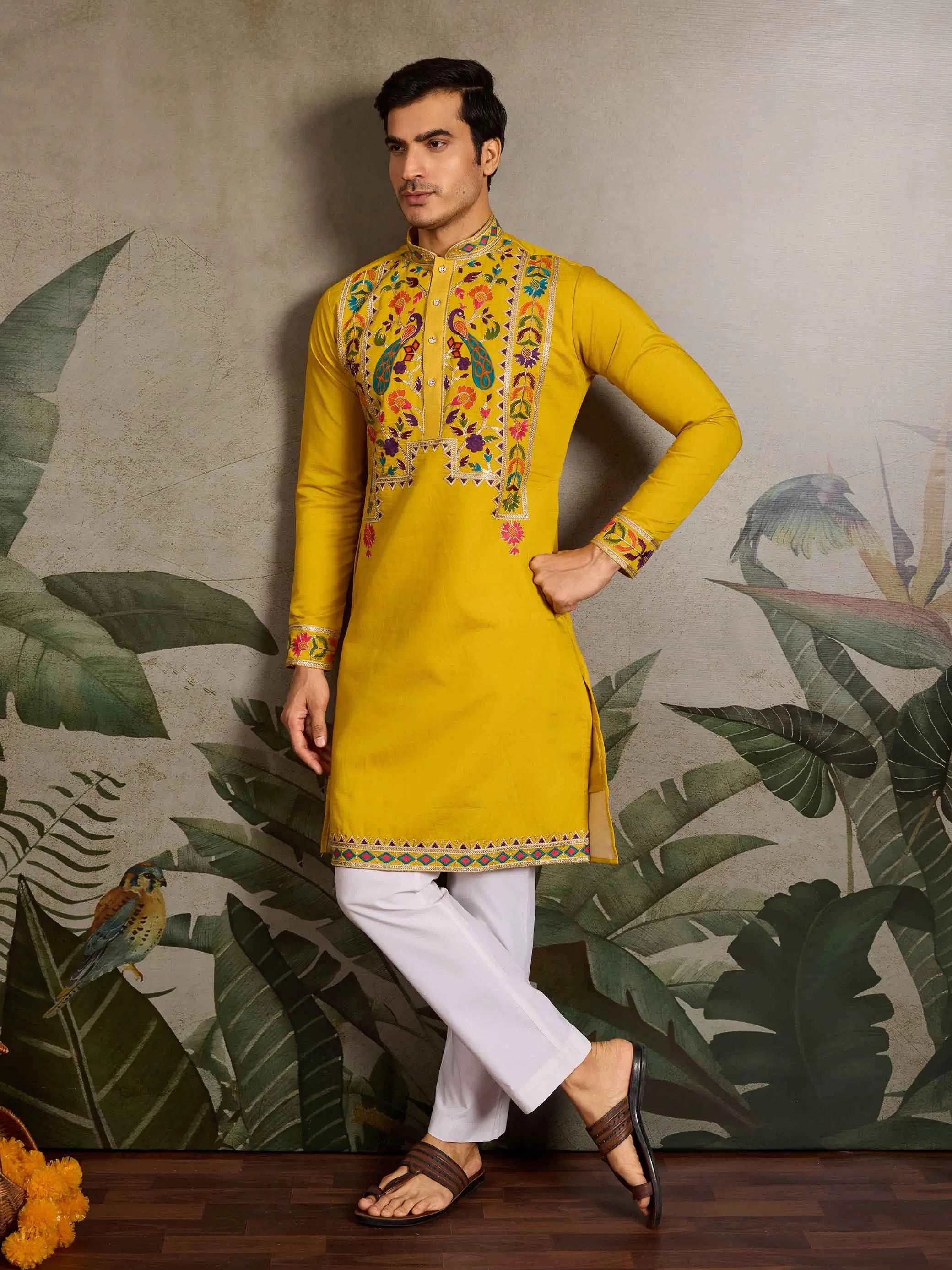Yellow Multi Thread And Sequins Embroidery Work Festive Wear Kurta Set - qivii