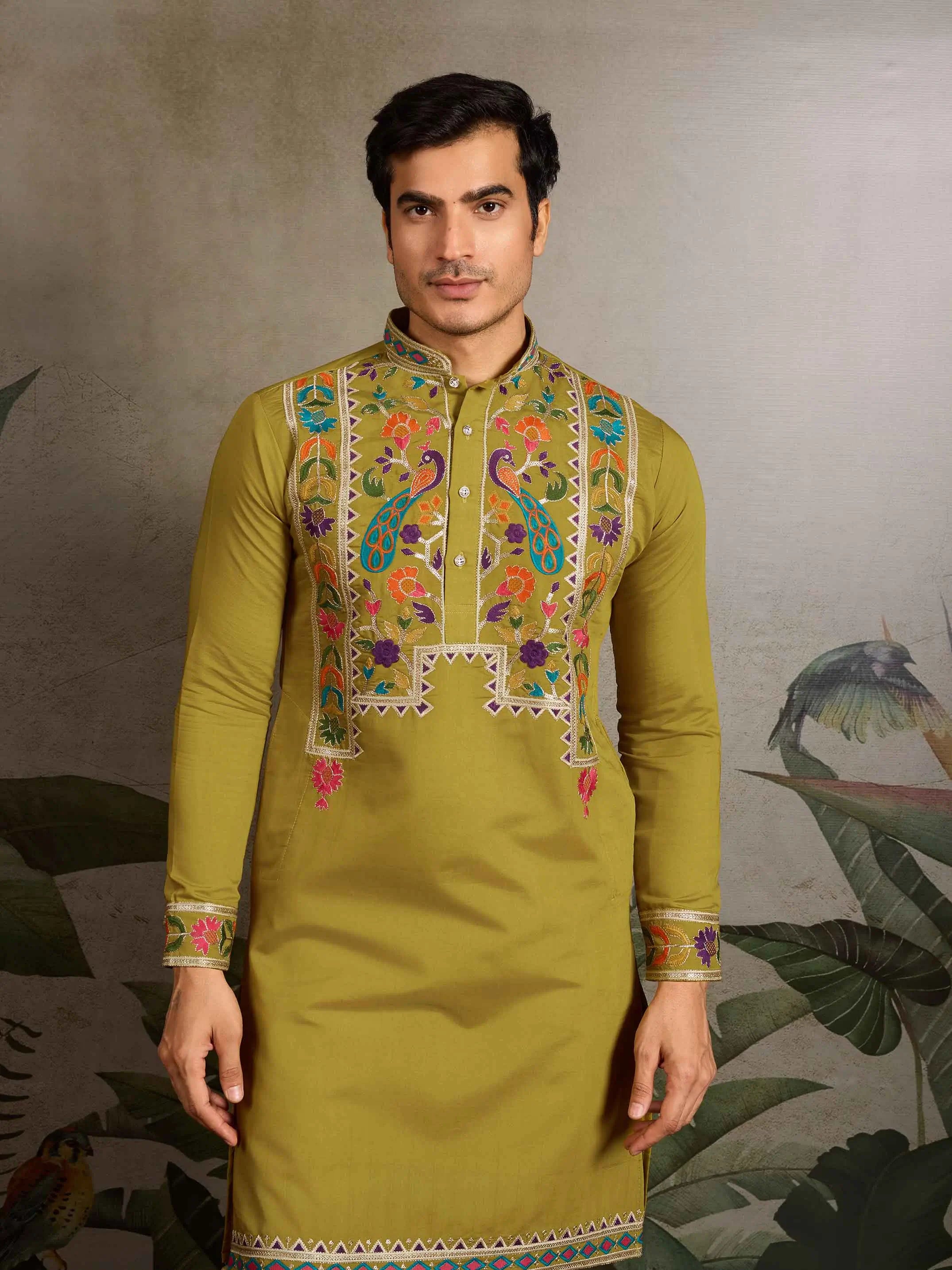 Fluroscent Green Multi Thread Sequins Embroidery Work Festive Wear Kurta Set