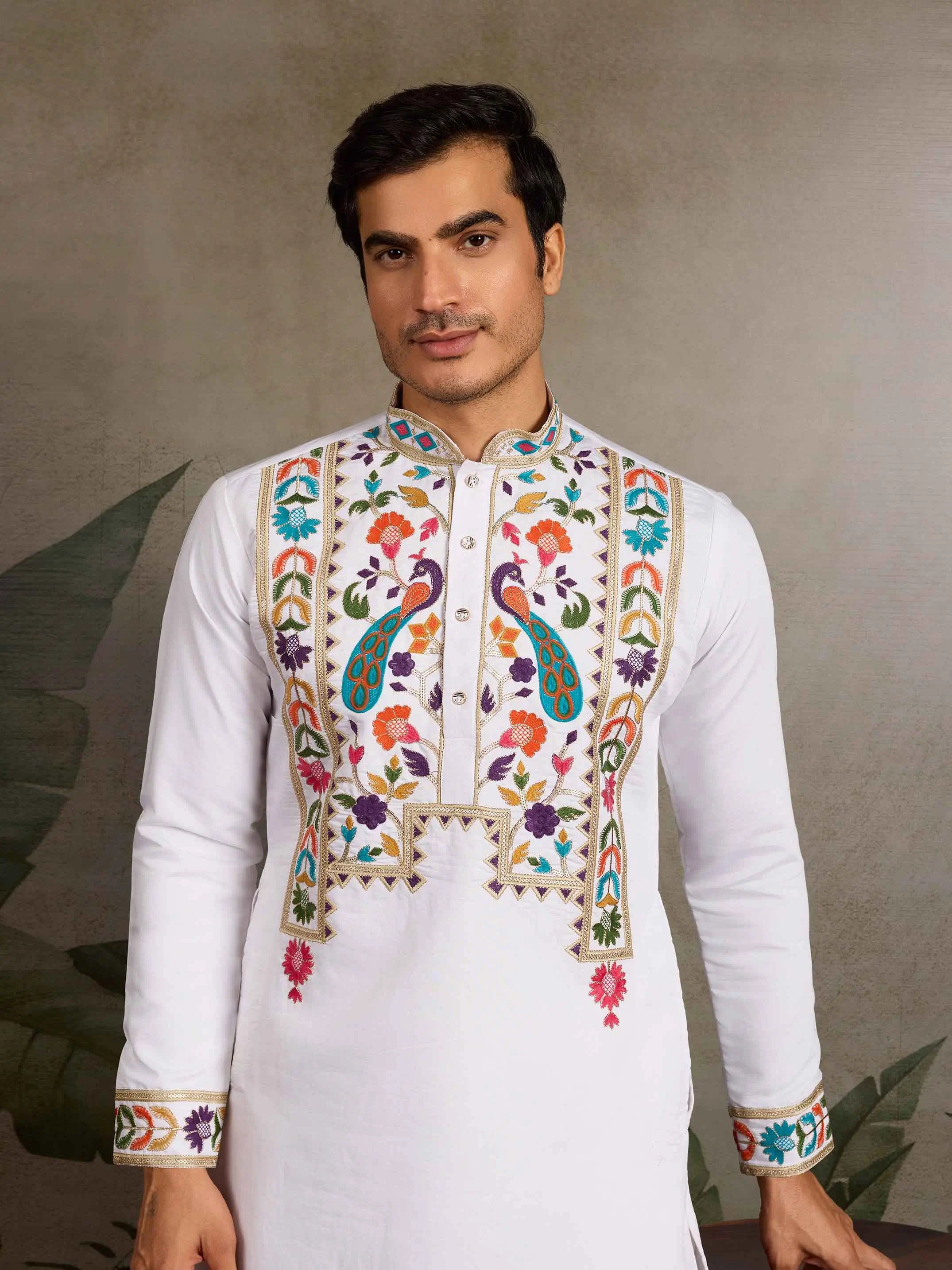 White Multi Thread And Sequins Embroidery Work Festive Wear Kurta Set - qivii