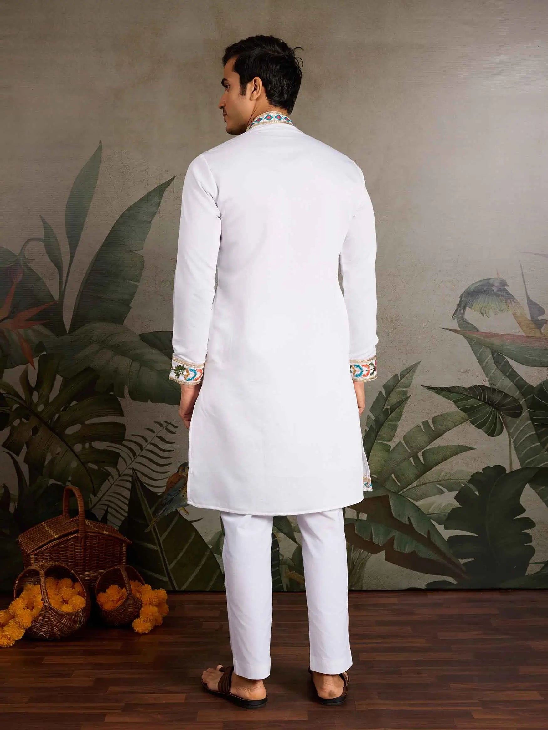 White Multi Thread And Sequins Embroidery Work Festive Wear Kurta Set - qivii