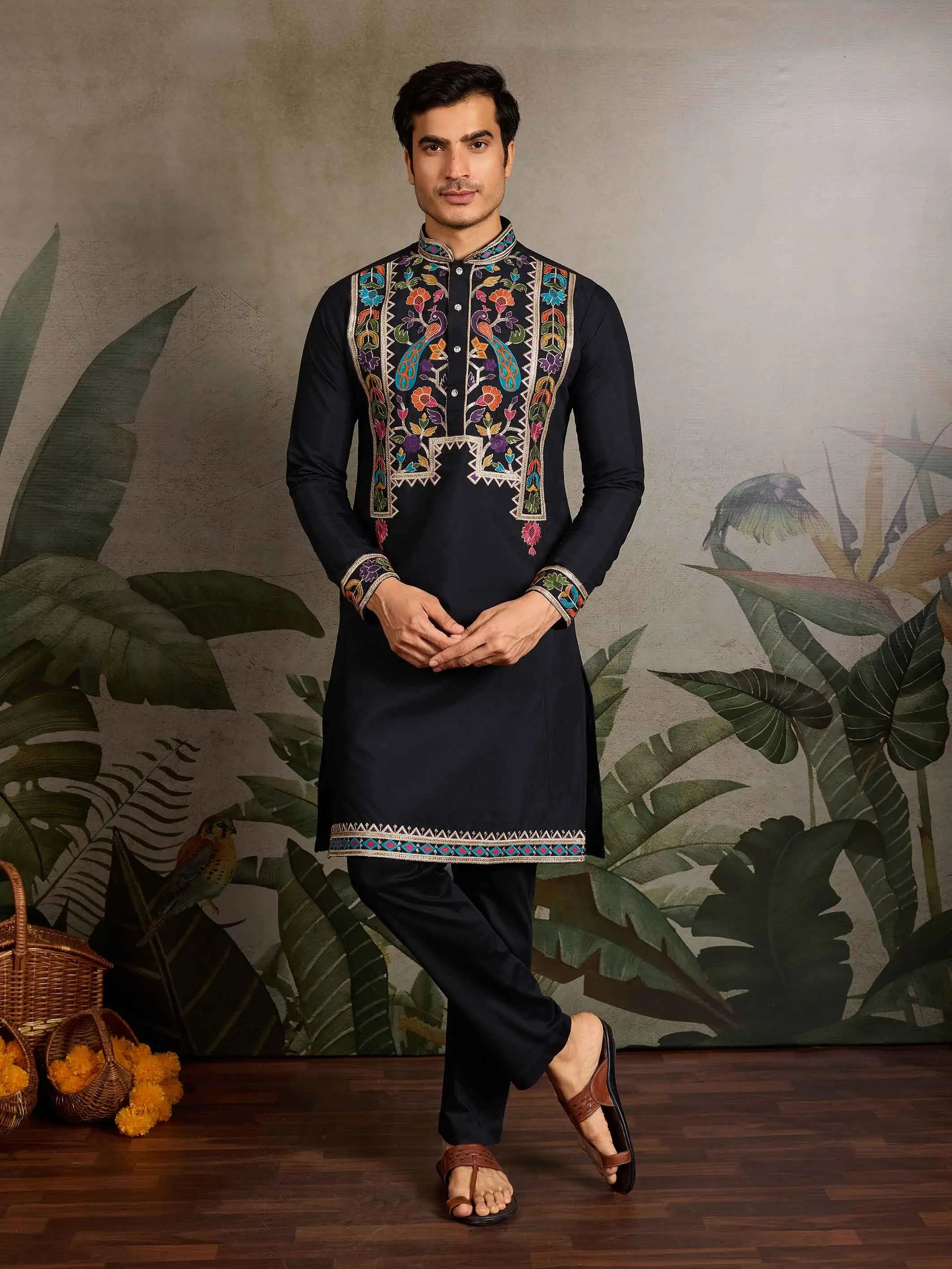 Black Multi Thread And Sequins Embroidery Work Festive Wear Kurta Set - qivii