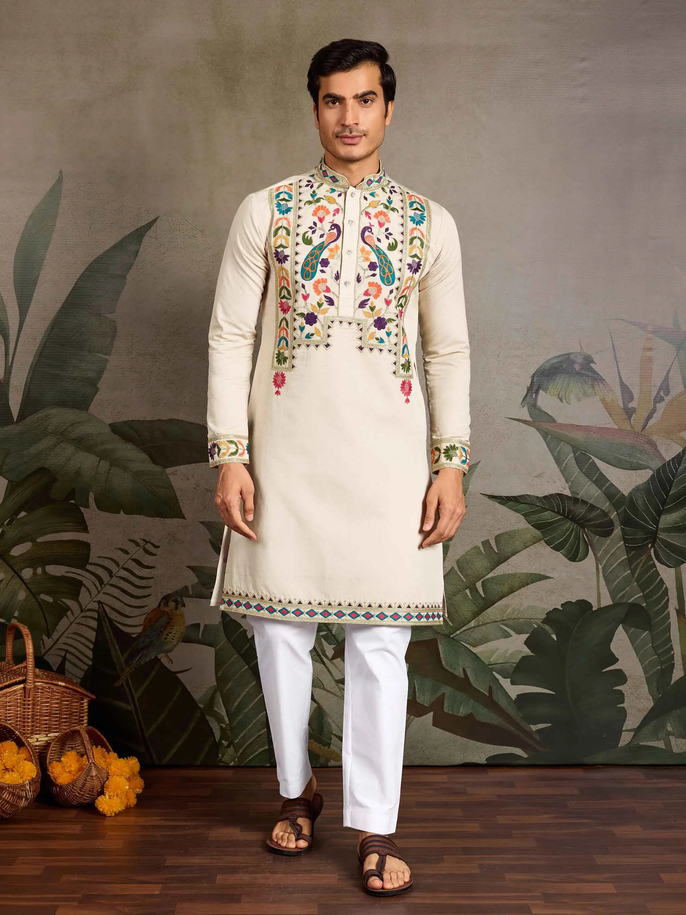 Beige Multi Thread And Sequins Embroidery Work Festive Wear Kurta Set - qivii