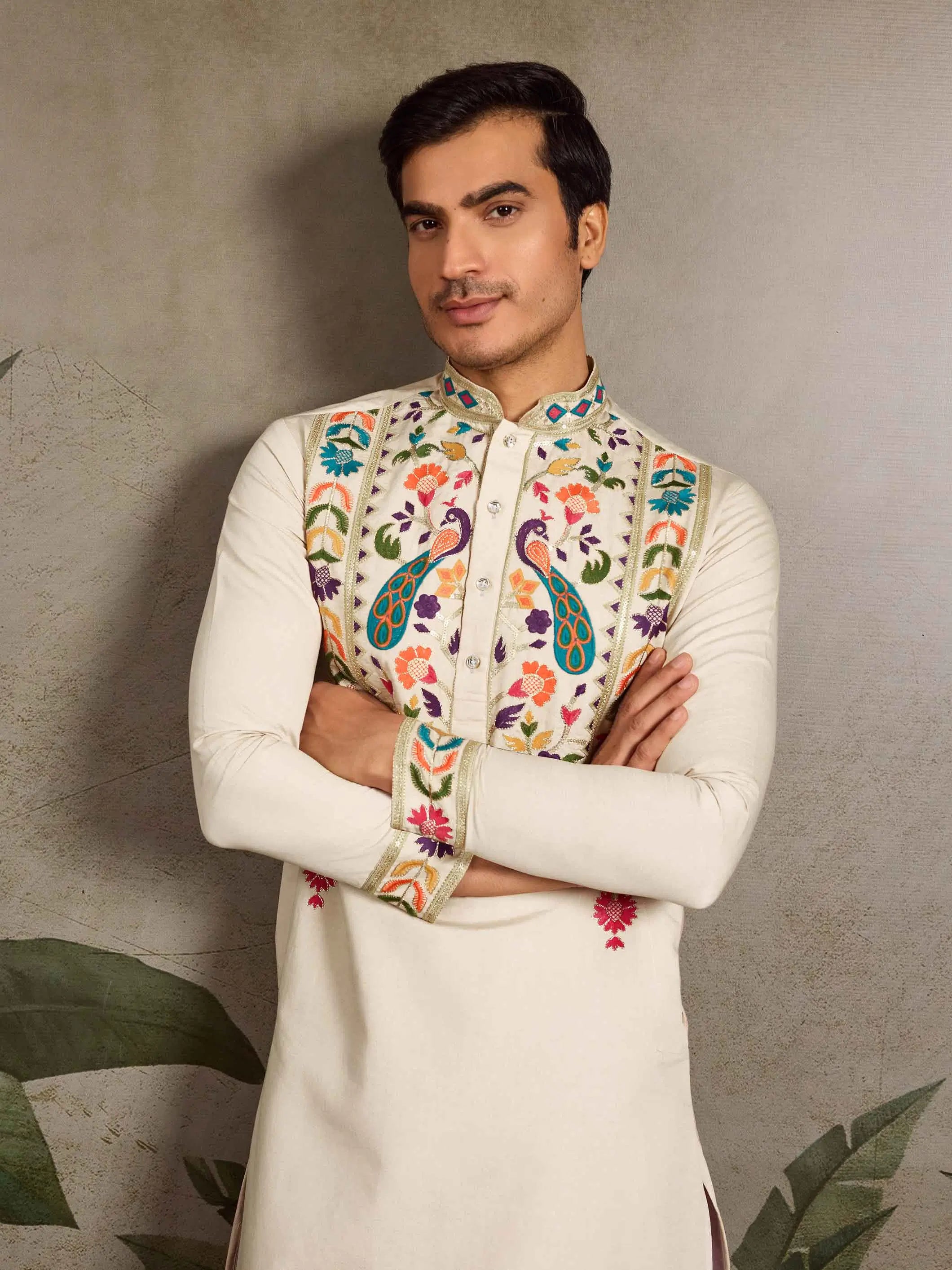 Beige Multi Thread And Sequins Embroidery Work Festive Wear Kurta Set