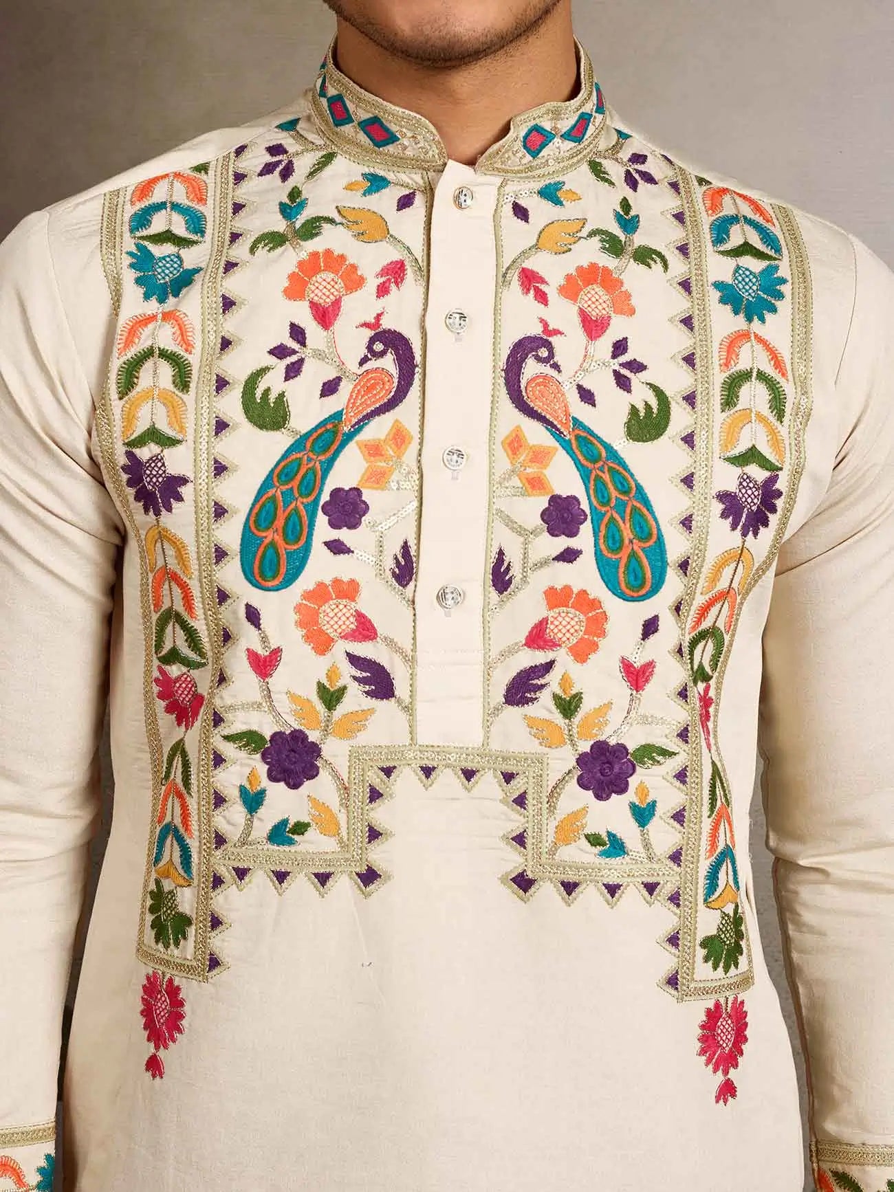 Beige Multi Thread And Sequins Embroidery Work Festive Wear Kurta Set
