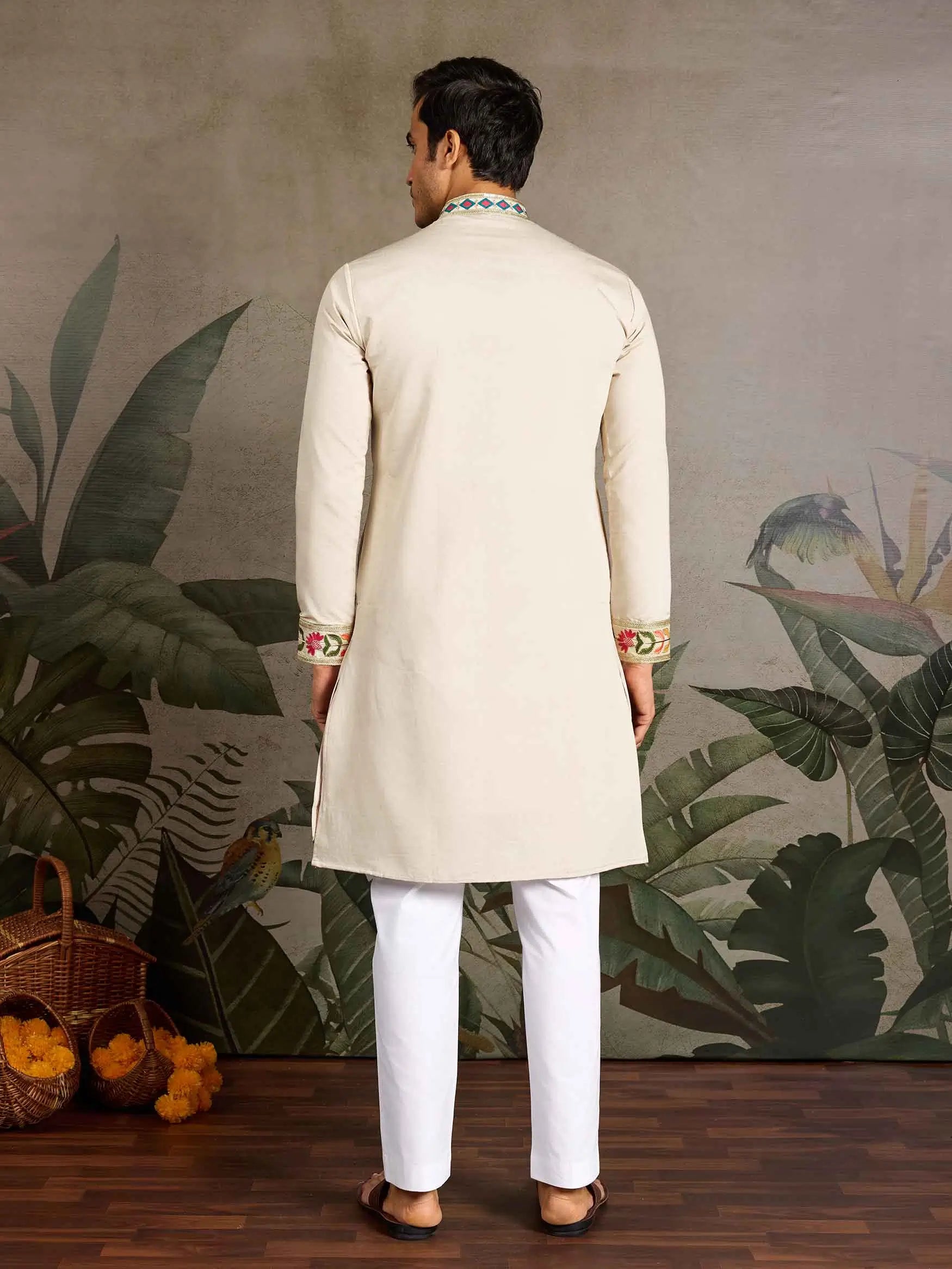Beige Multi Thread And Sequins Embroidery Work Festive Wear Kurta Set