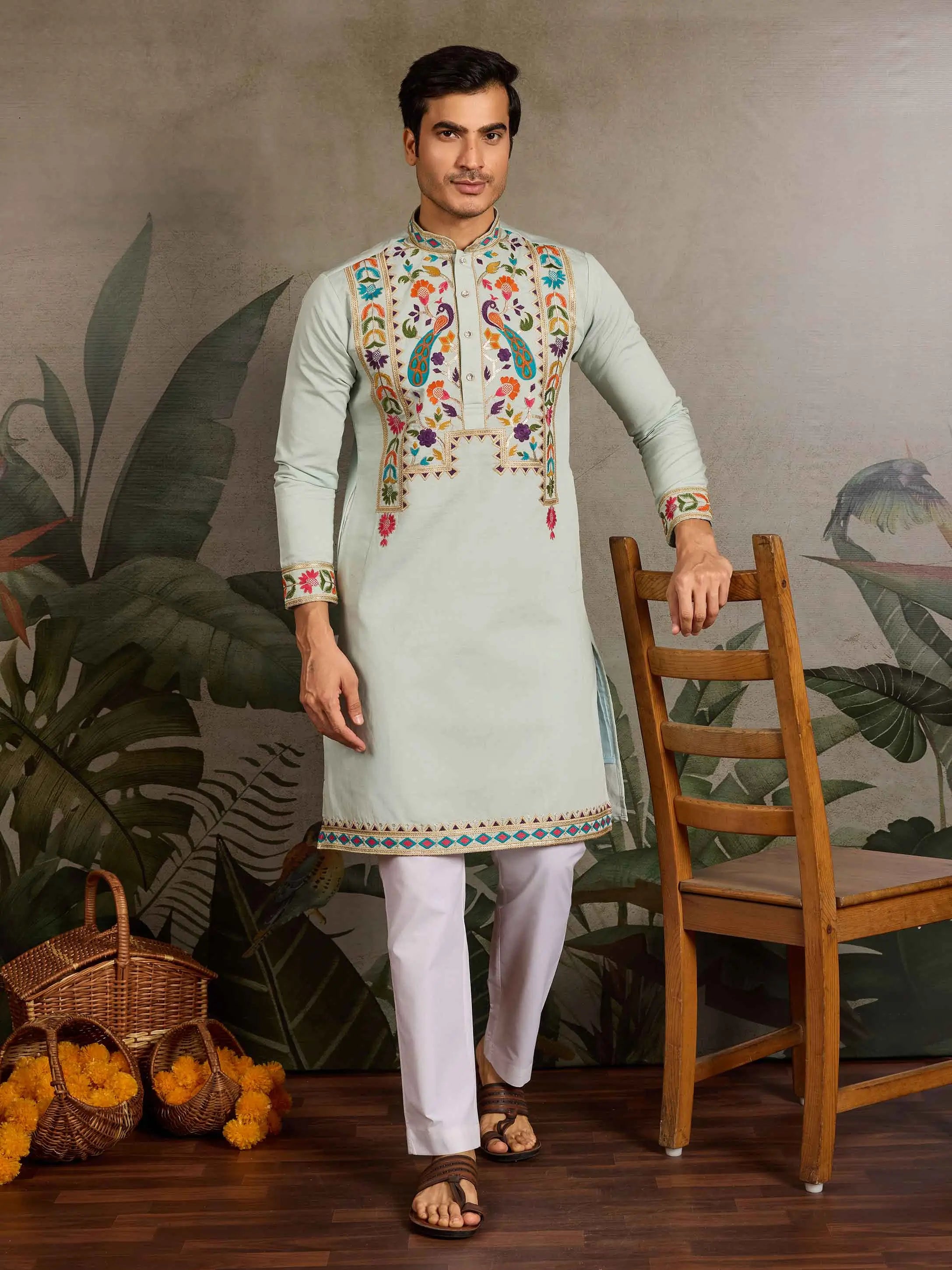 Light Pista Multi Thread Sequins Embroidery Work Festive Wear Kurta Set - qivii