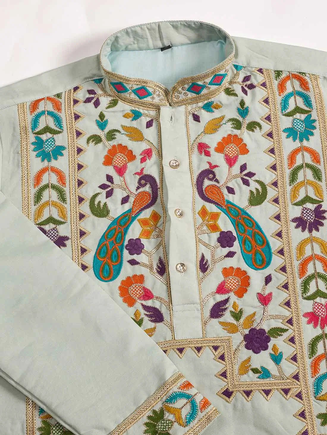 Light Pista Multi Thread Sequins Embroidery Work Festive Wear Kurta Set