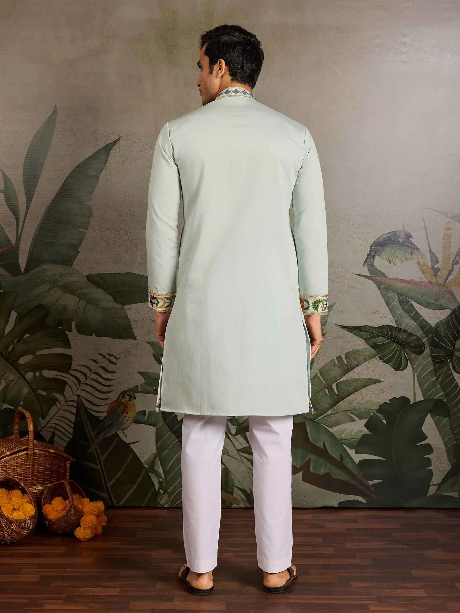 Light Pista Multi Thread Sequins Embroidery Work Festive Wear Kurta Set