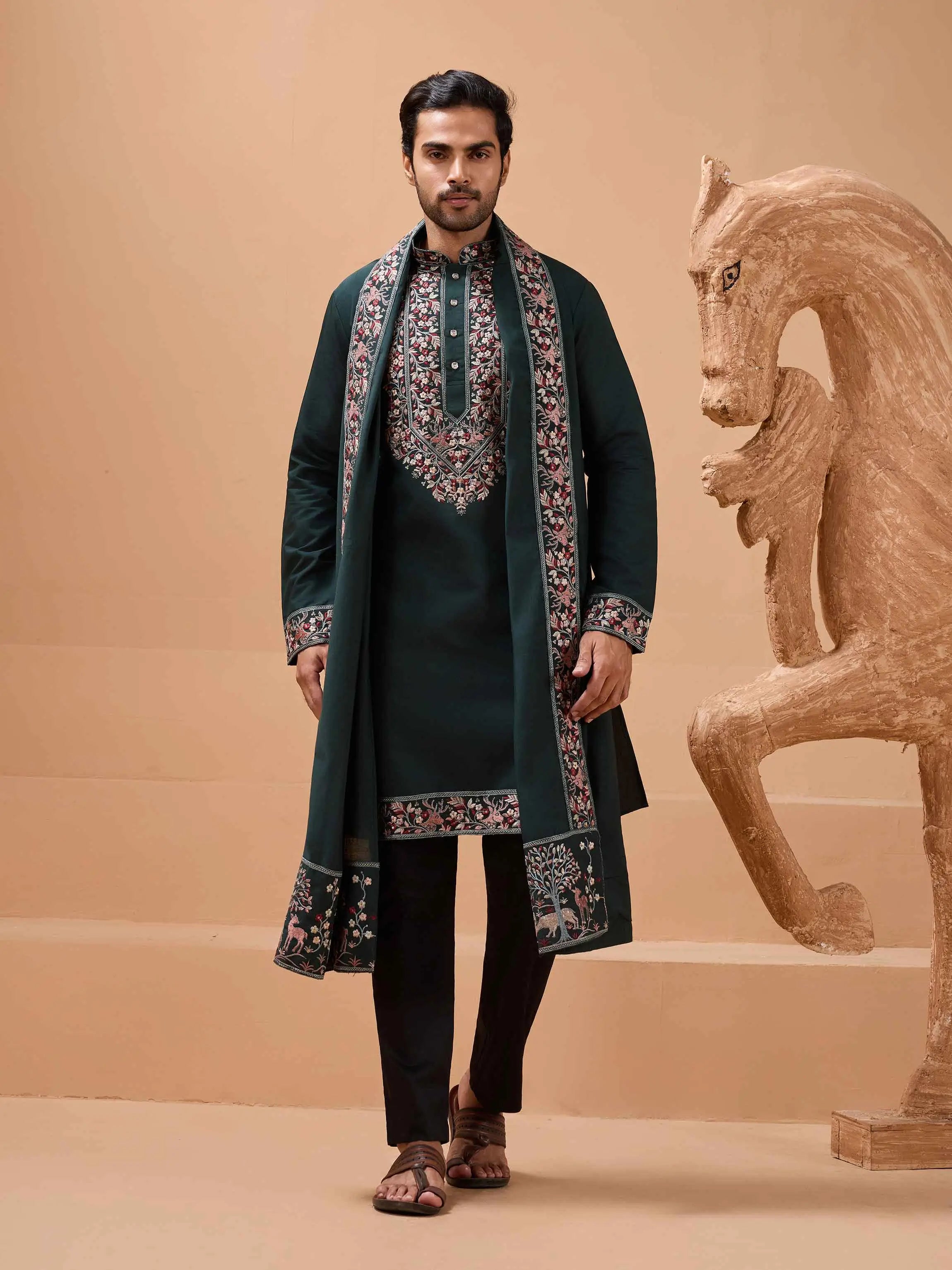 Dark Green Embroidery Kurta With Dupatta