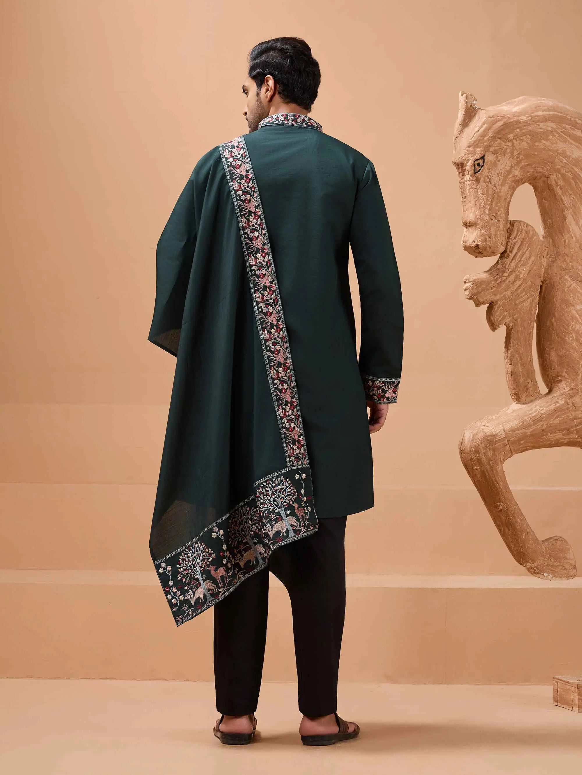 Dark Green Embroidery Kurta With Dupatta