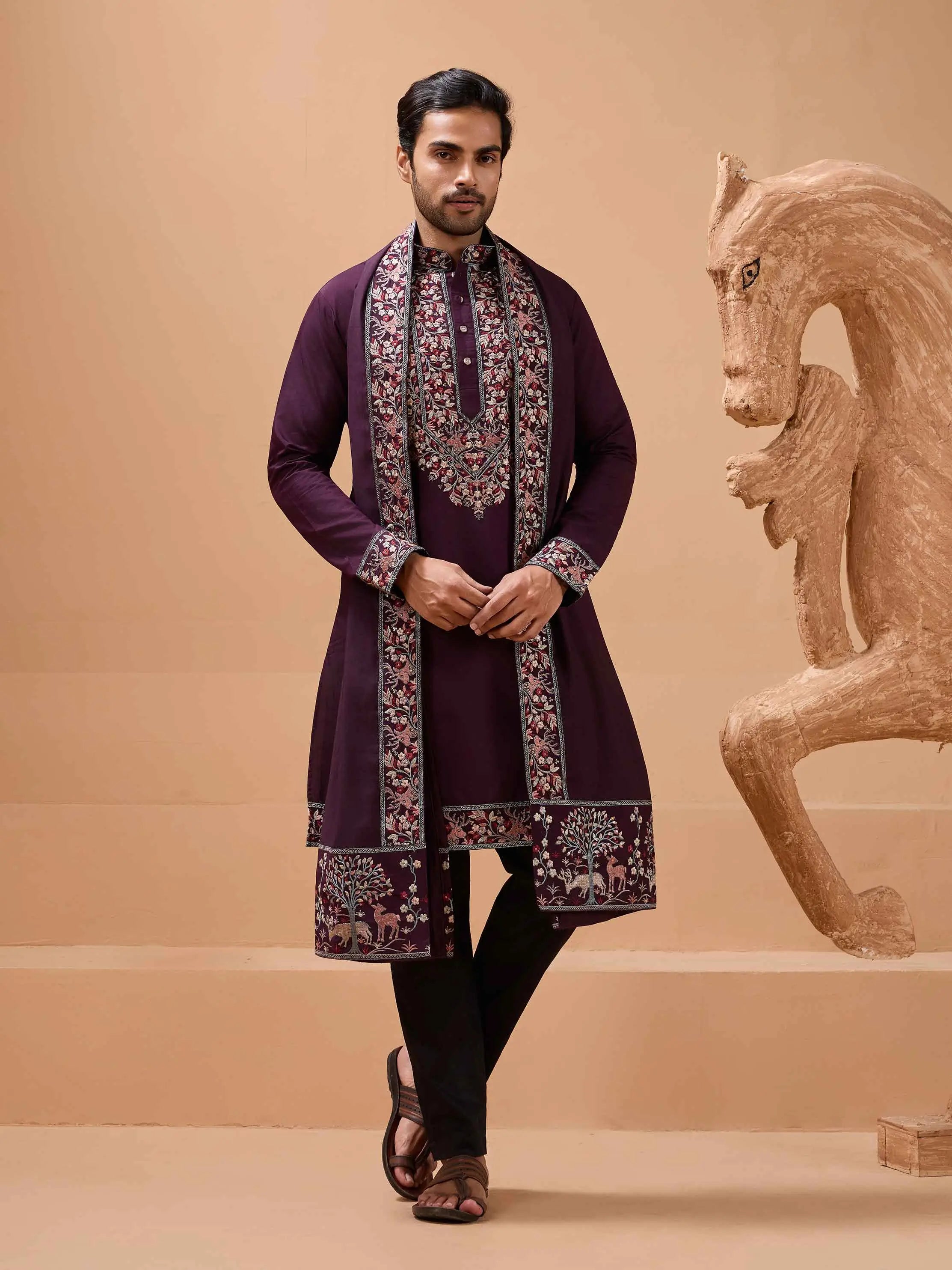 Wine Berry Embroidery Kurta With Dupatta
