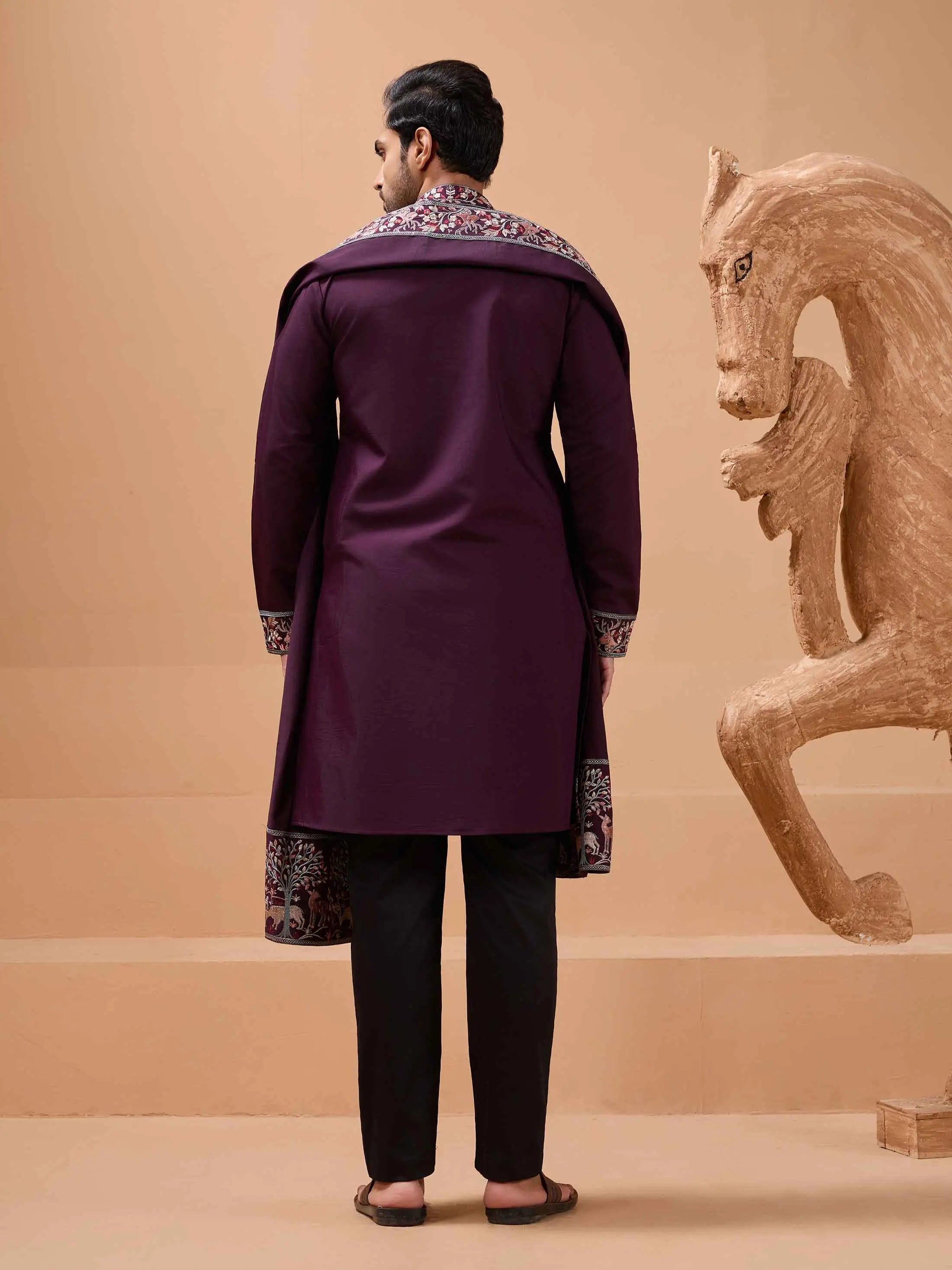 Wine Berry Embroidery Kurta With Dupatta