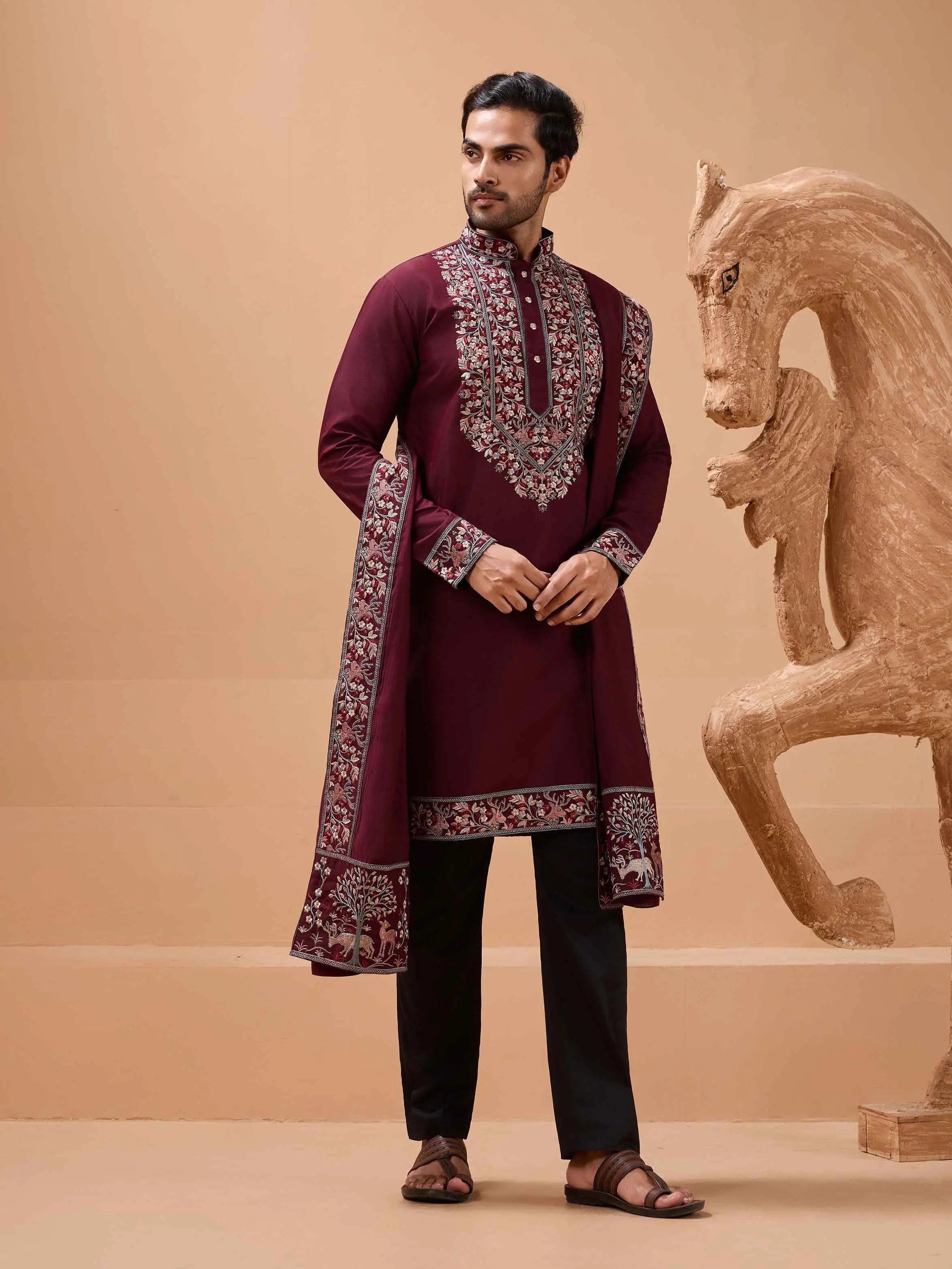 Maroon Embroidery Work Kurta With Dupatta
