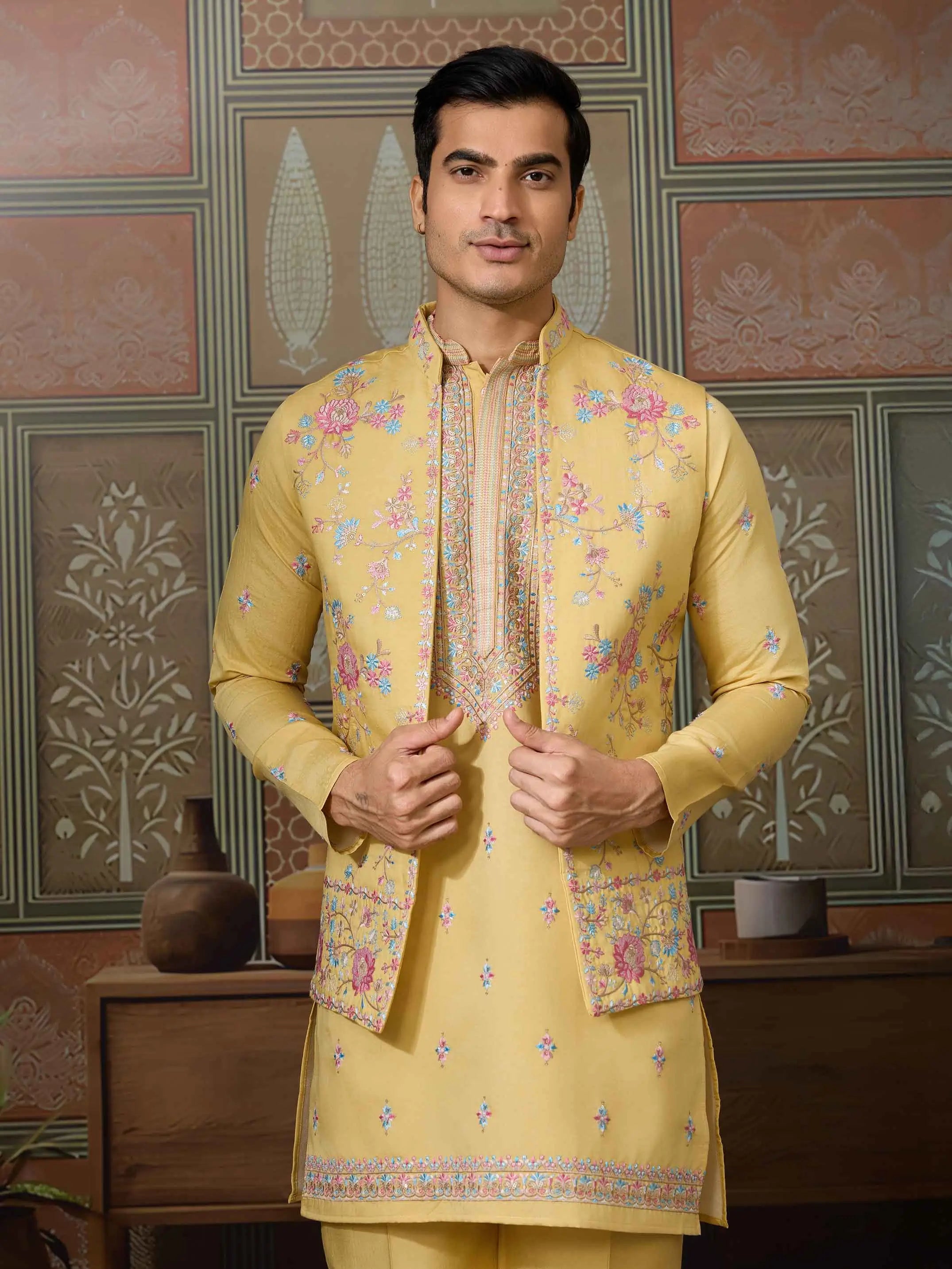 Yellow Multi Thread Sequins Embroidery Work Wedding Wear Kurta And Jacket - qivii