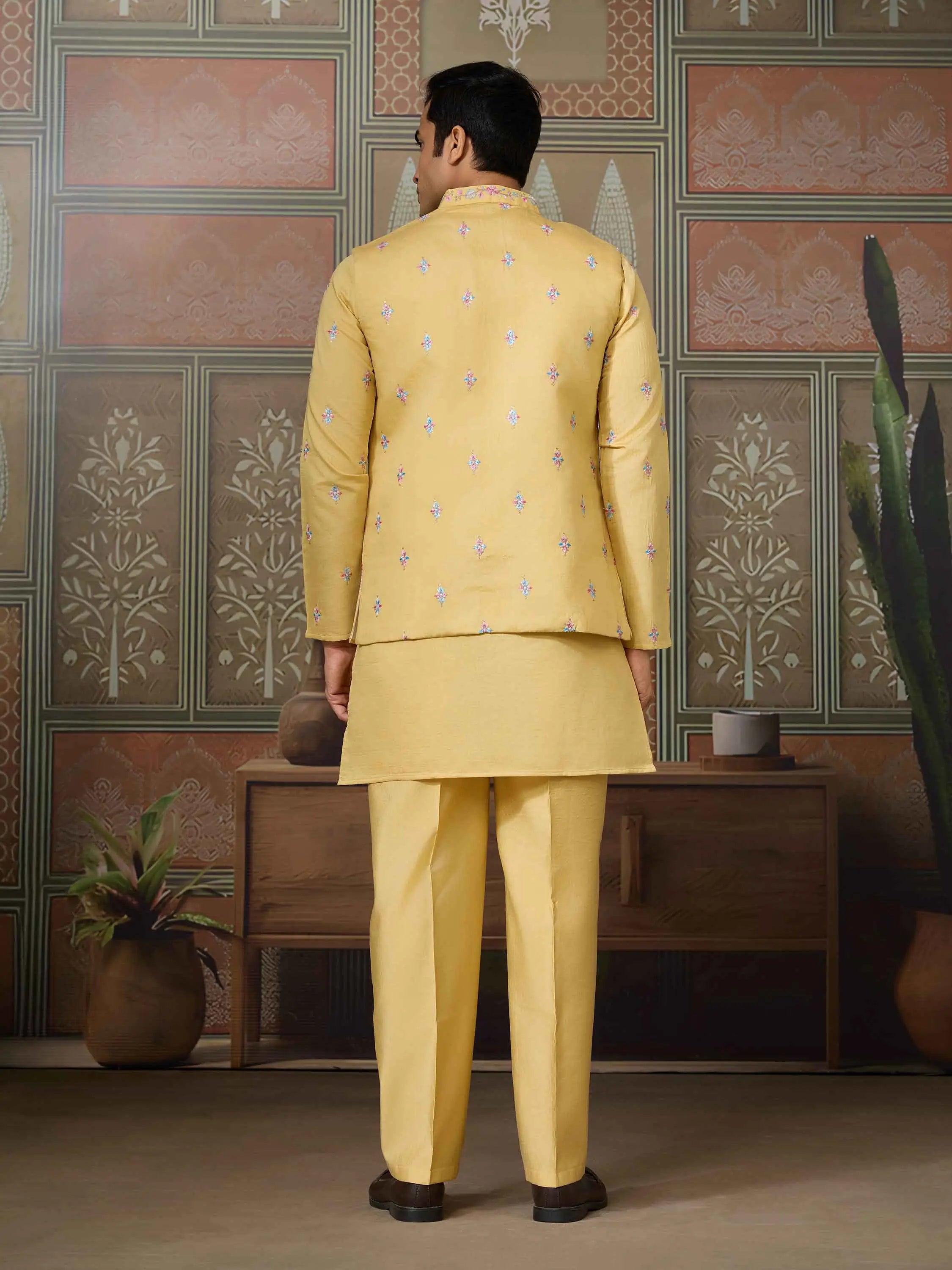 Yellow Multi Thread Sequins Embroidery Work Wedding Wear Kurta And Jacket - qivii