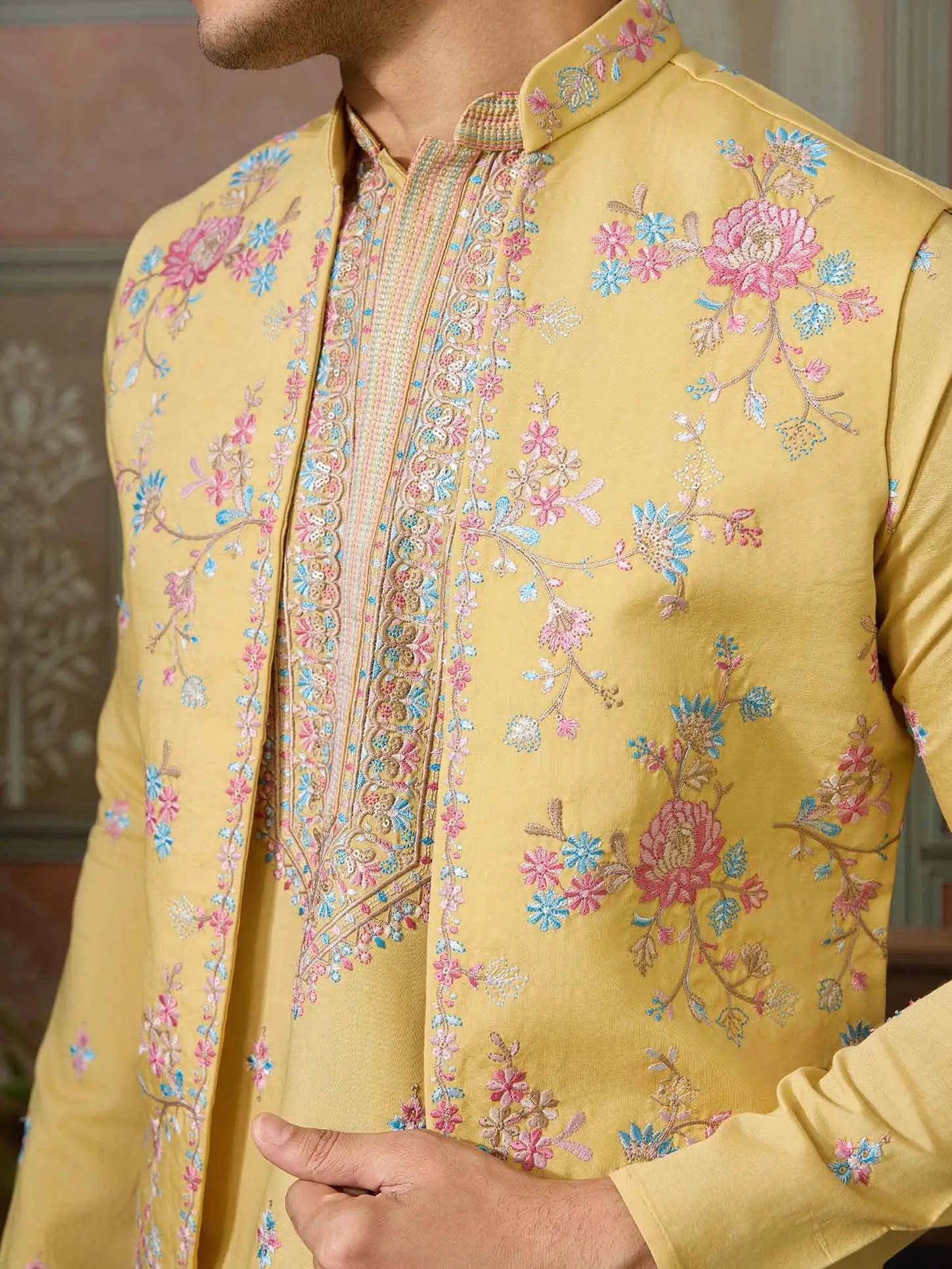 Yellow Multi Thread Sequins Embroidery Work Wedding Wear Kurta And Jacket - qivii