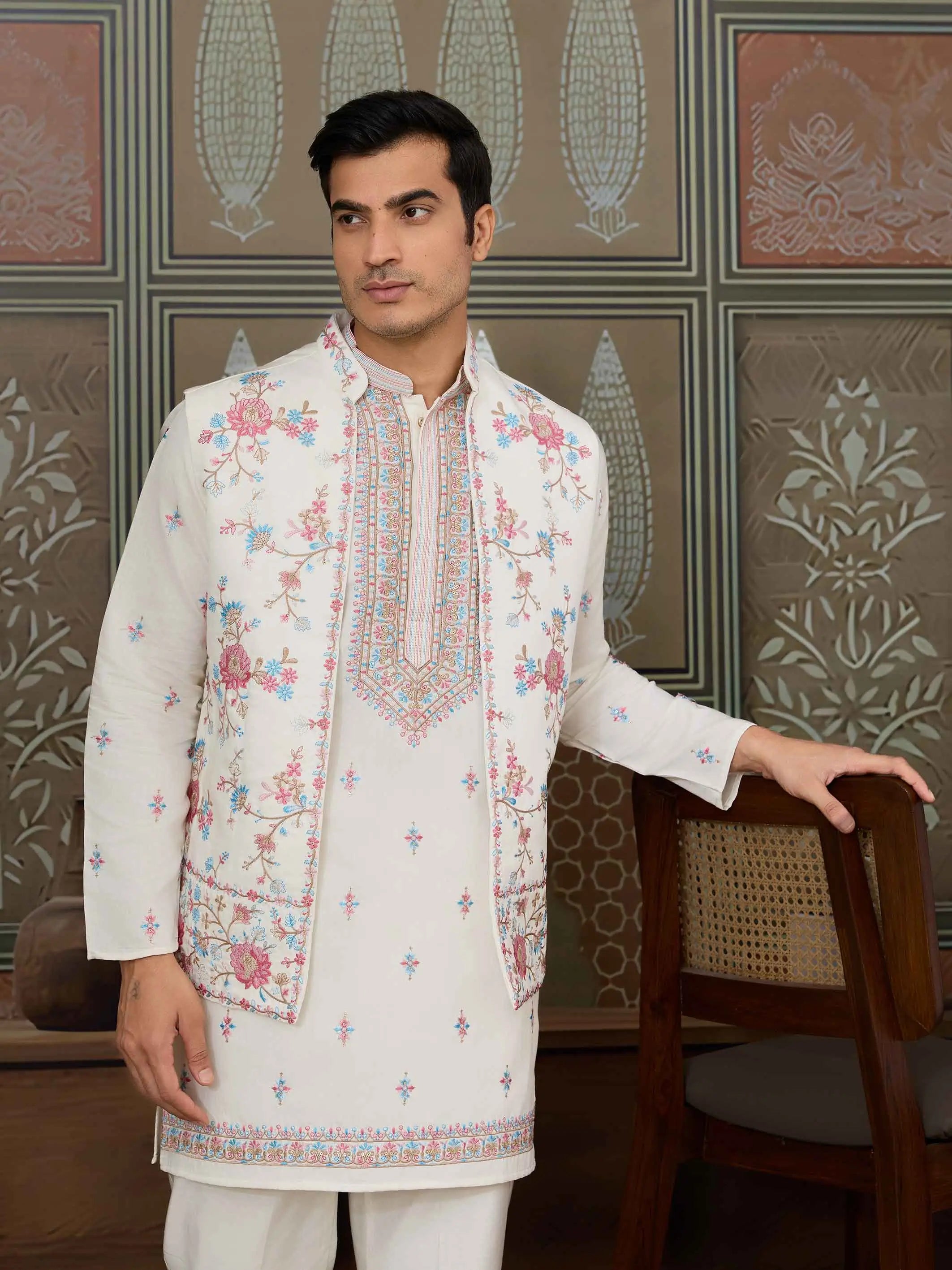 White Multi Thread Sequins Embroidery Work Wedding Wear Kurta And Jacket - qivii