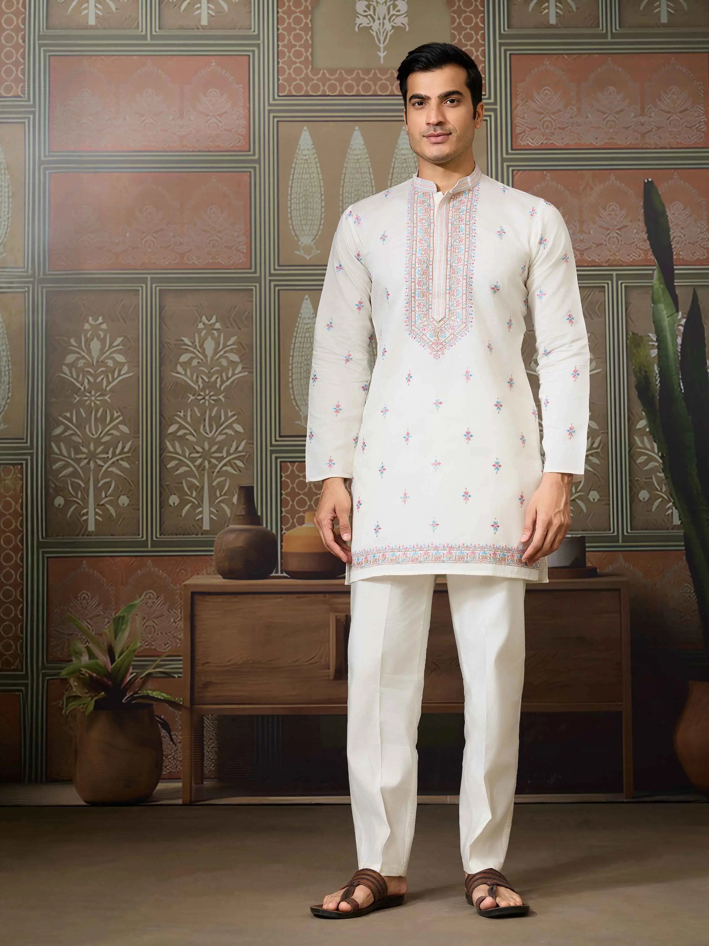White Multi Thread Sequins Embroidery Work Wedding Wear Kurta And Jacket - qivii