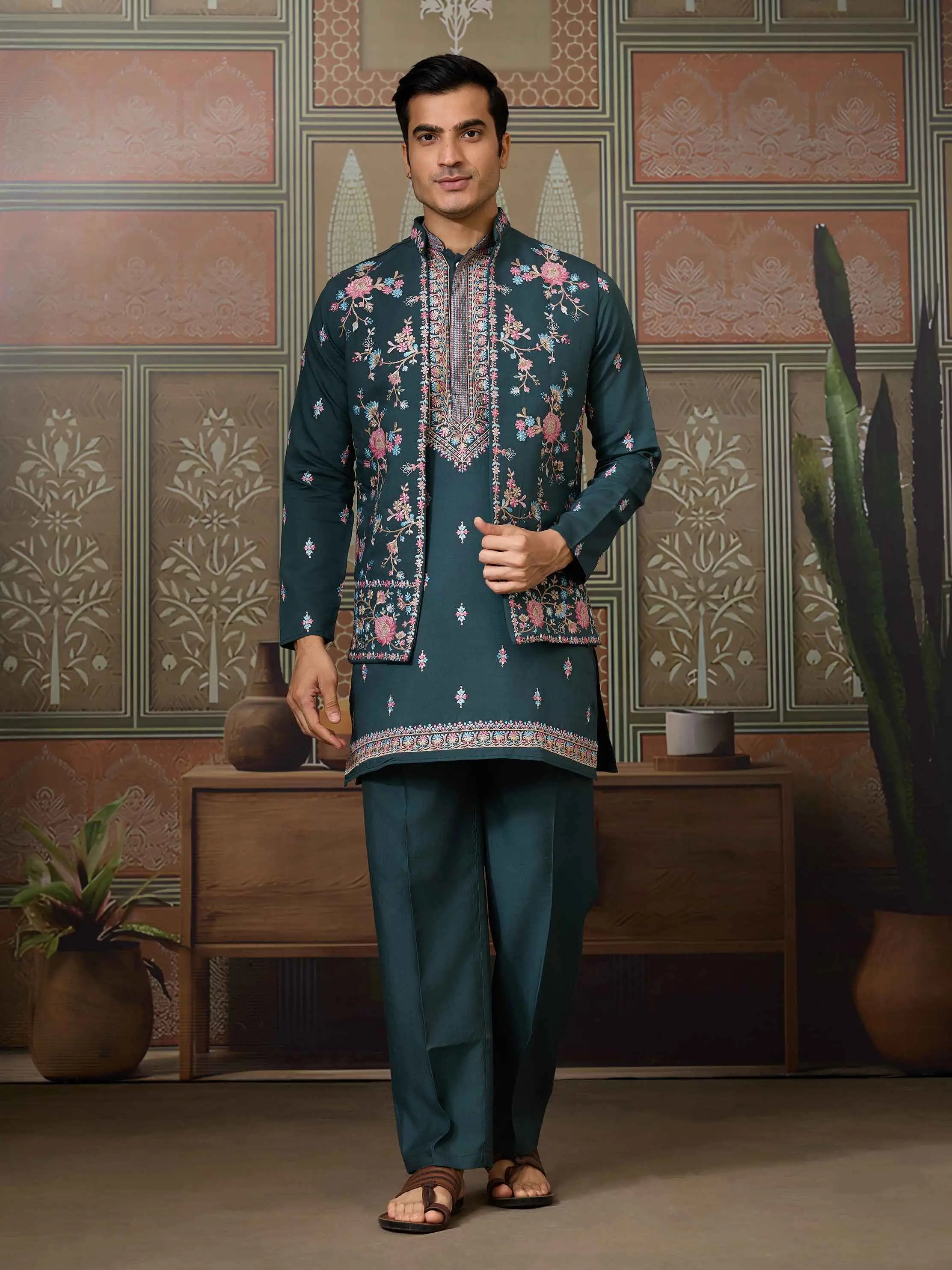 Timber Green Wedding Wear Multi Thread Sequins Embroidery Work Kurta & Koti - qivii