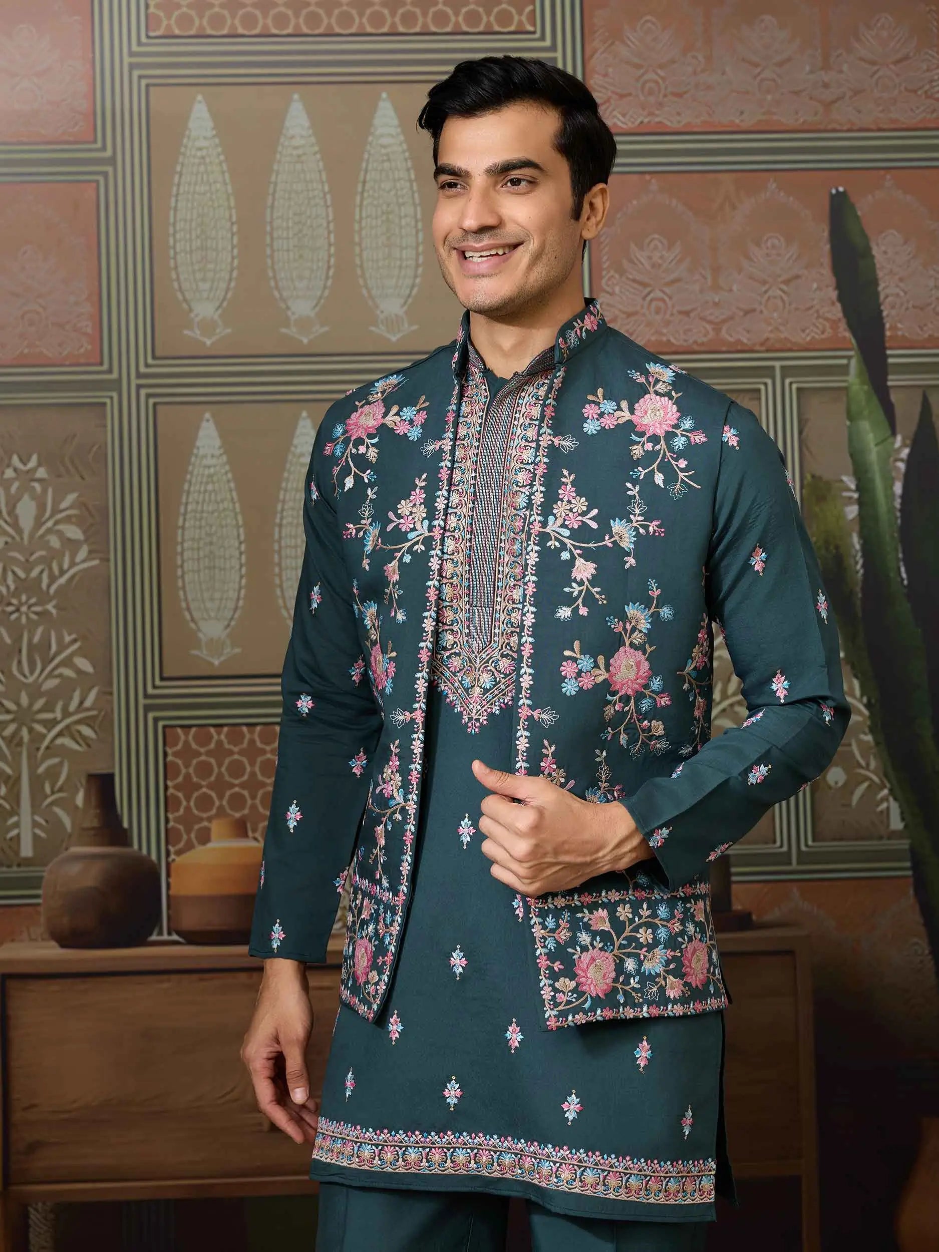 Timber Green Wedding Wear Multi Thread Sequins Embroidery Work Kurta & Koti - qivii