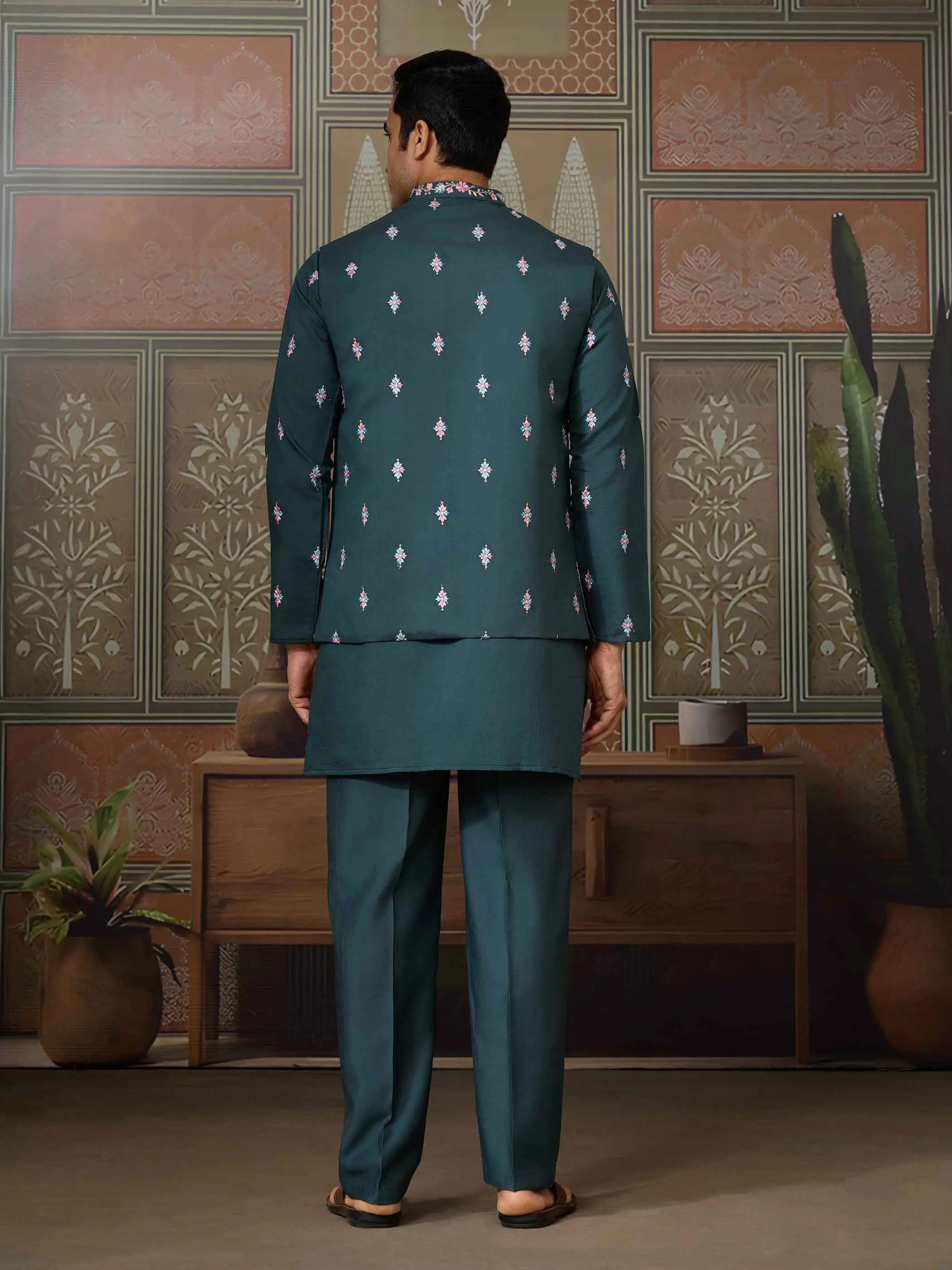 Timber Green Wedding Wear Multi Thread Sequins Embroidery Work Kurta & Koti - qivii