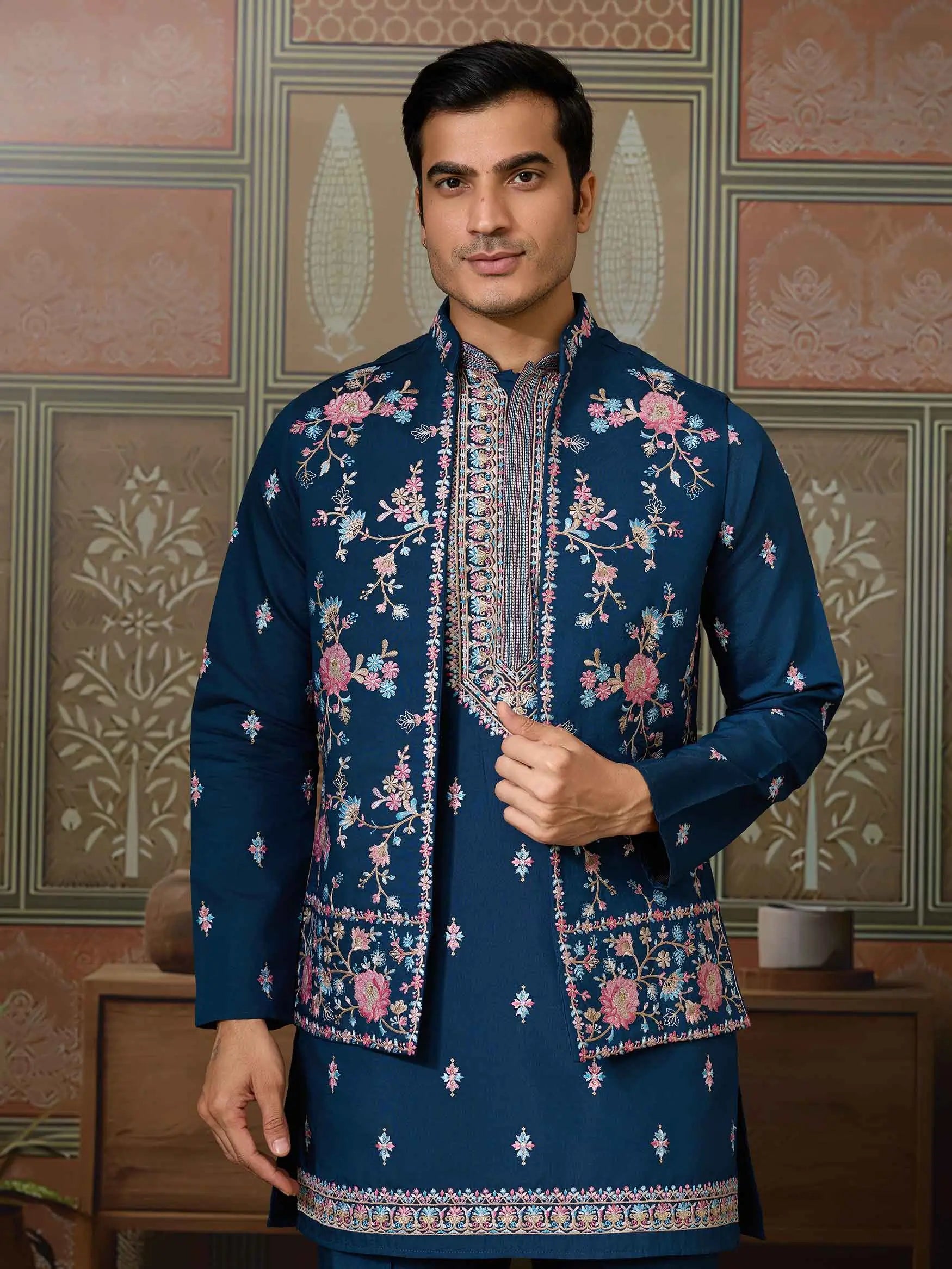 Nile Blue Multi Thread Sequins Embroidery Work Wedding Wear Kurta And Jacket - qivii