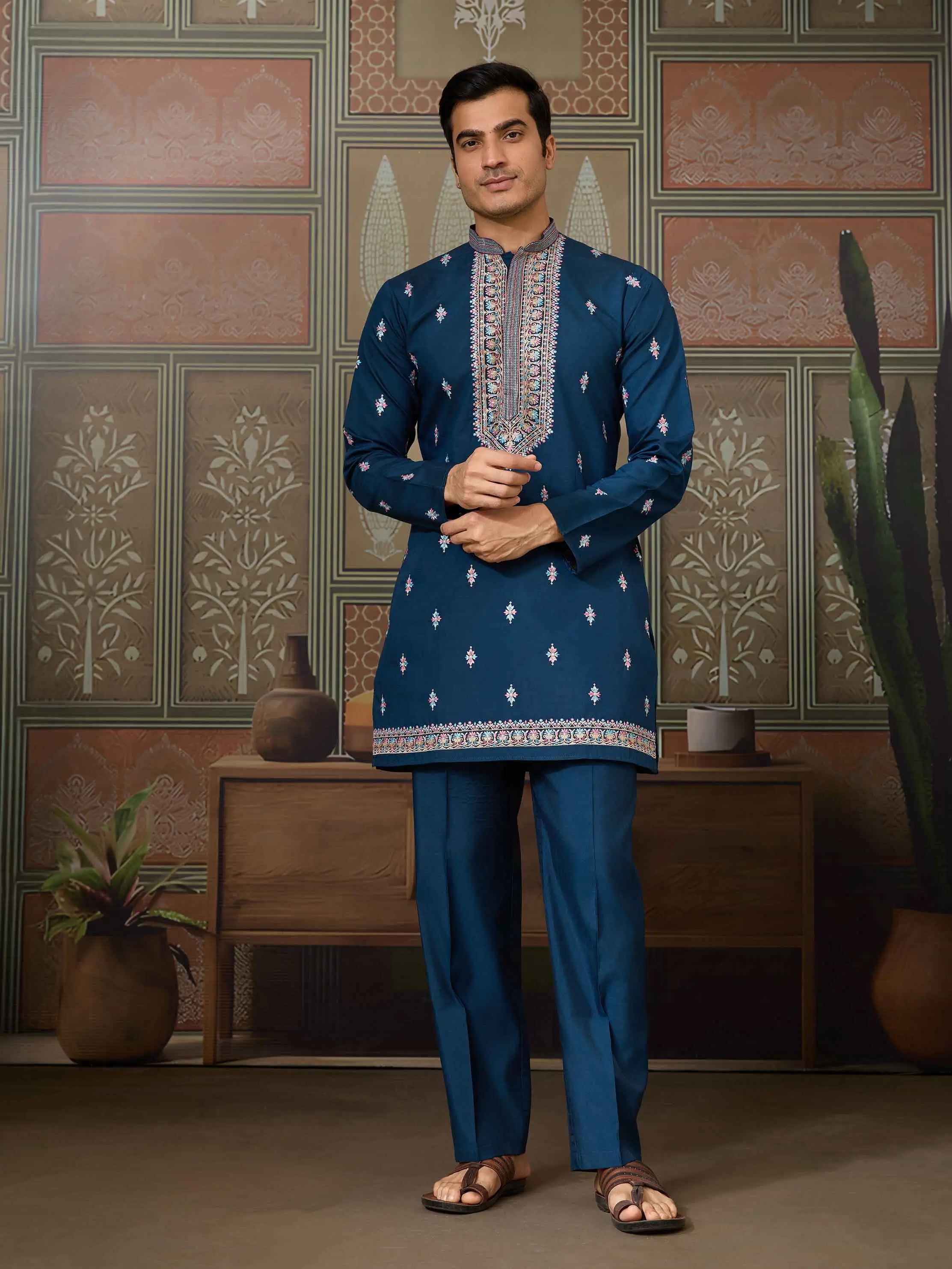 Nile Blue Multi Thread Sequins Embroidery Work Wedding Wear Kurta And Jacket - qivii