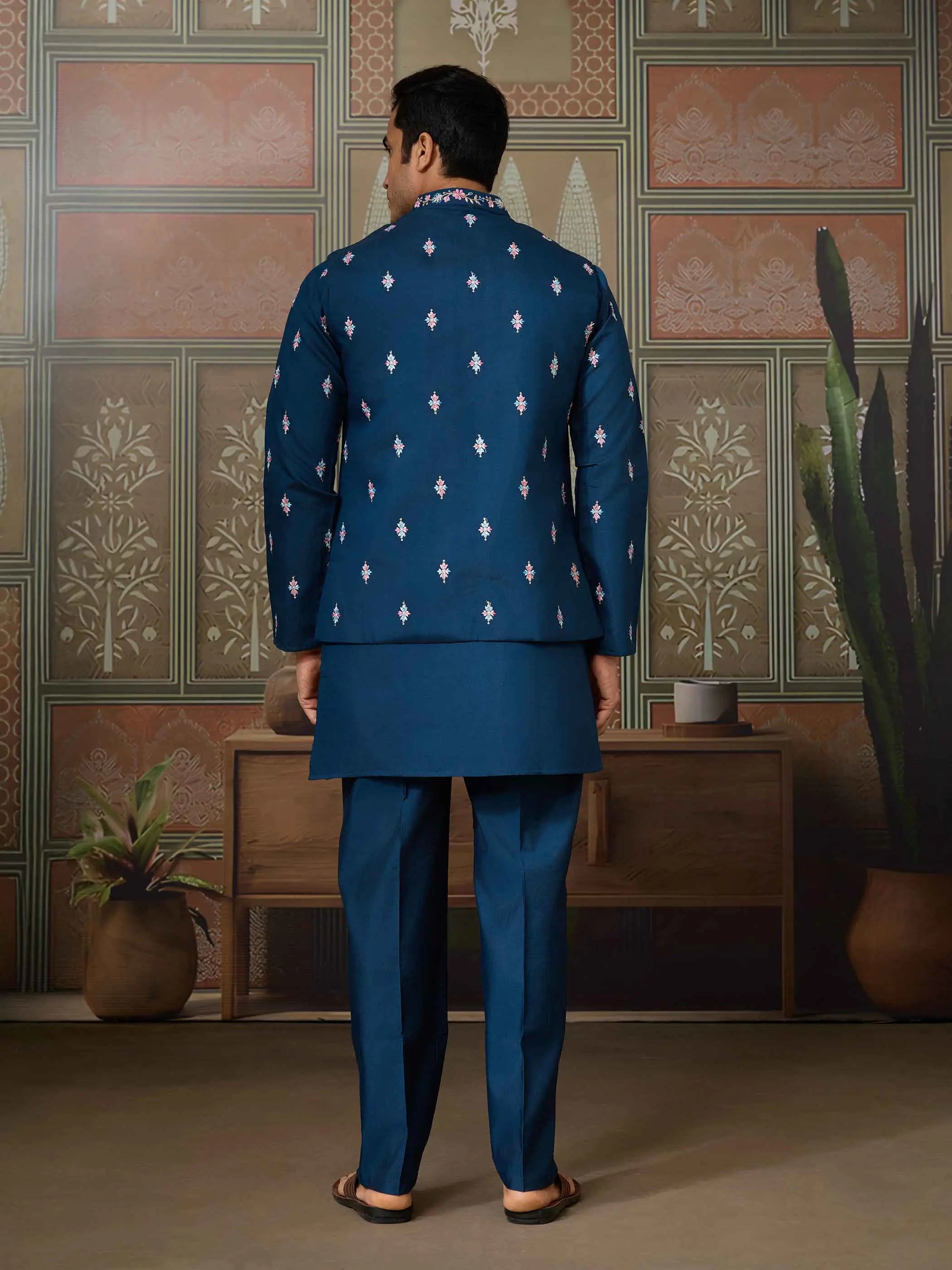 Nile Blue Multi Thread Sequins Embroidery Work Wedding Wear Kurta And Jacket