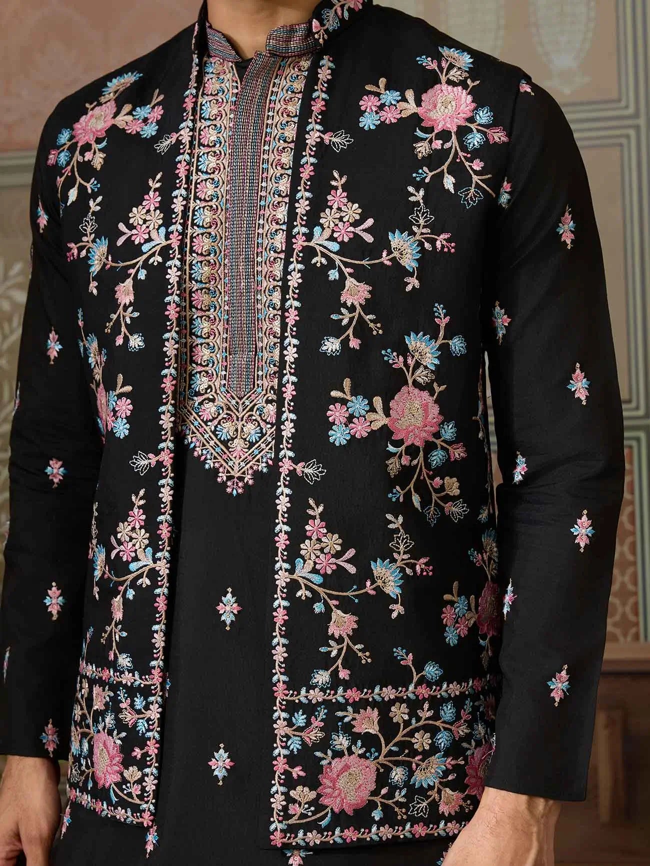 Black Multi Thread Sequins Embroidery Work Wedding Wear Kurta And Jacket - qivii