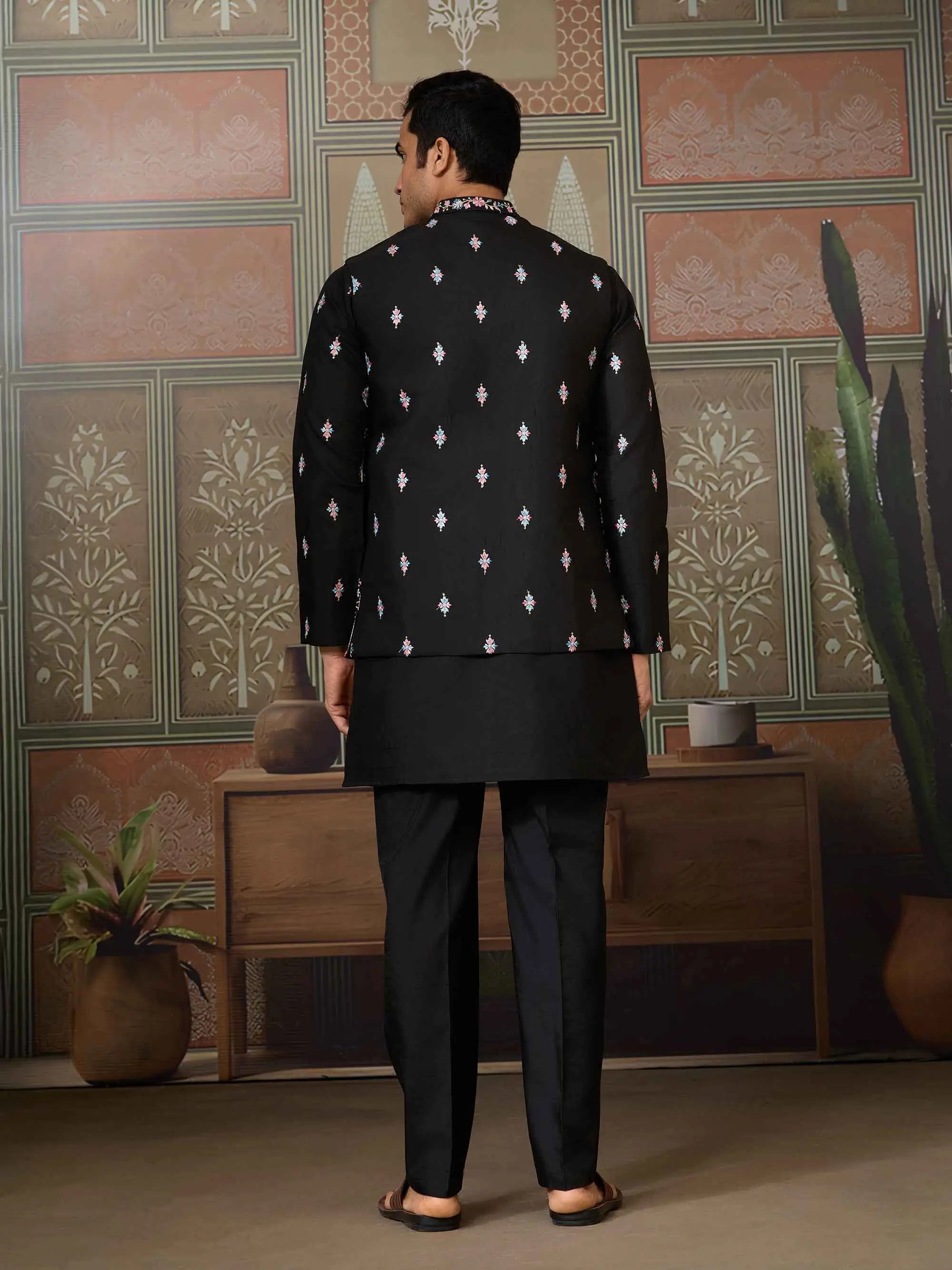 Black Multi Thread Sequins Embroidery Work Wedding Wear Kurta And Jacket - qivii