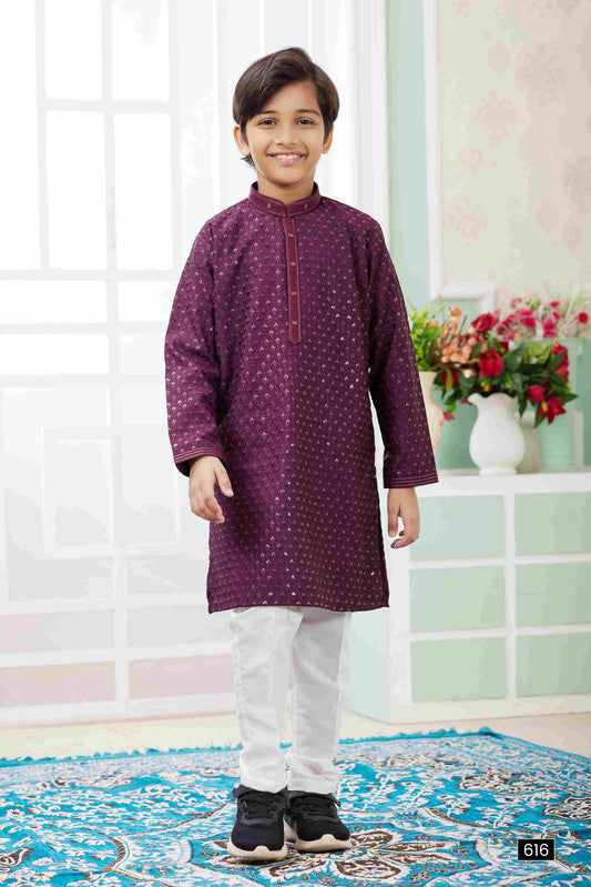 Boy's Wine Art Silk Embroidery Kurta Set