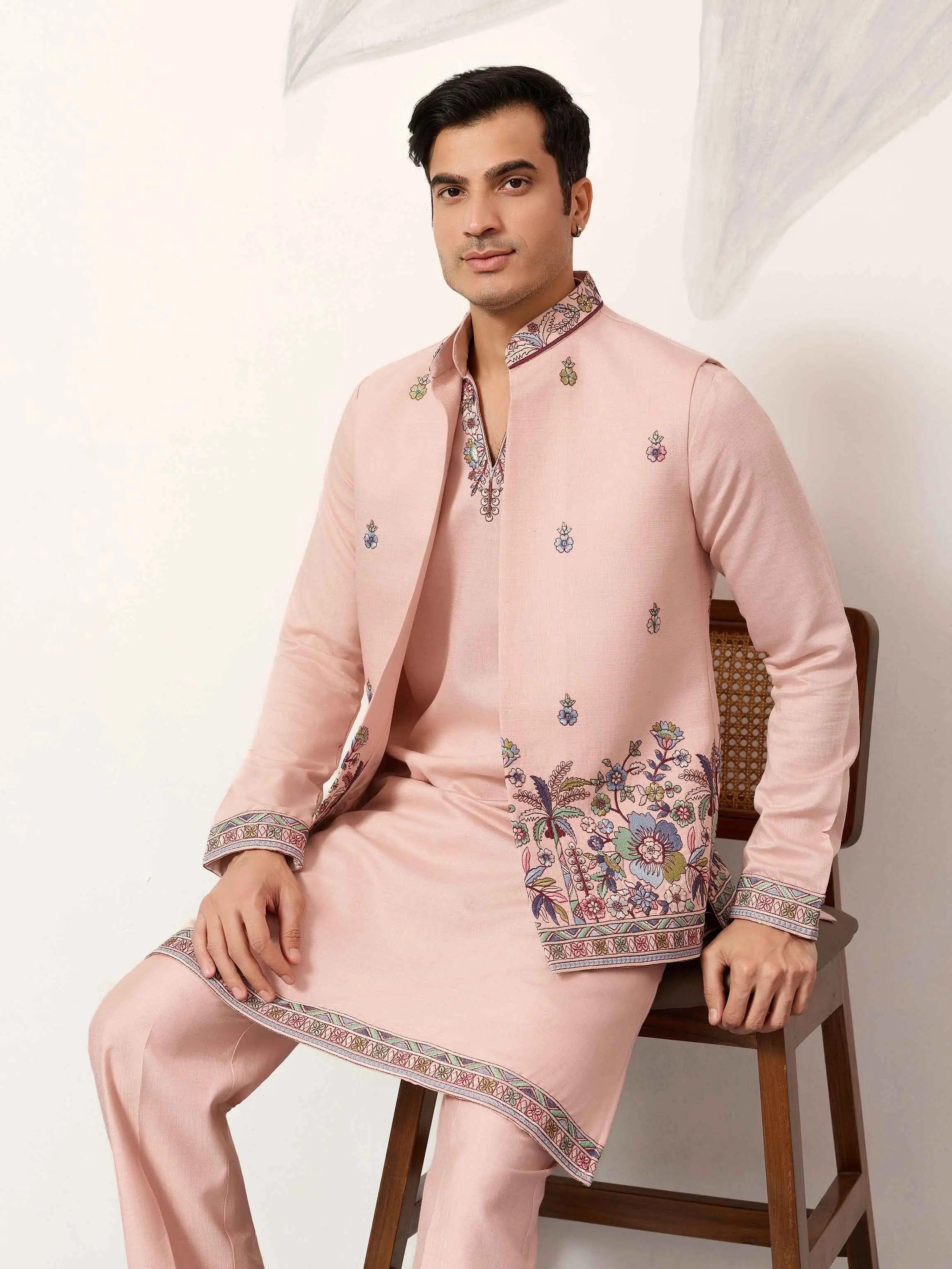 Peach Kurta Set With Embroidered Koti