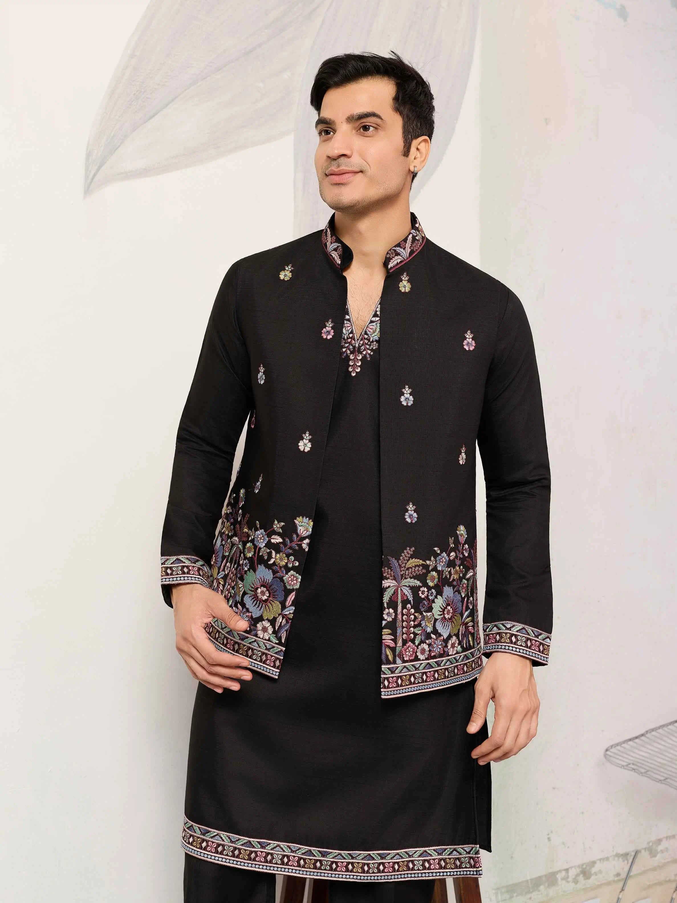 Black Kurta Set With Embroidered Koti