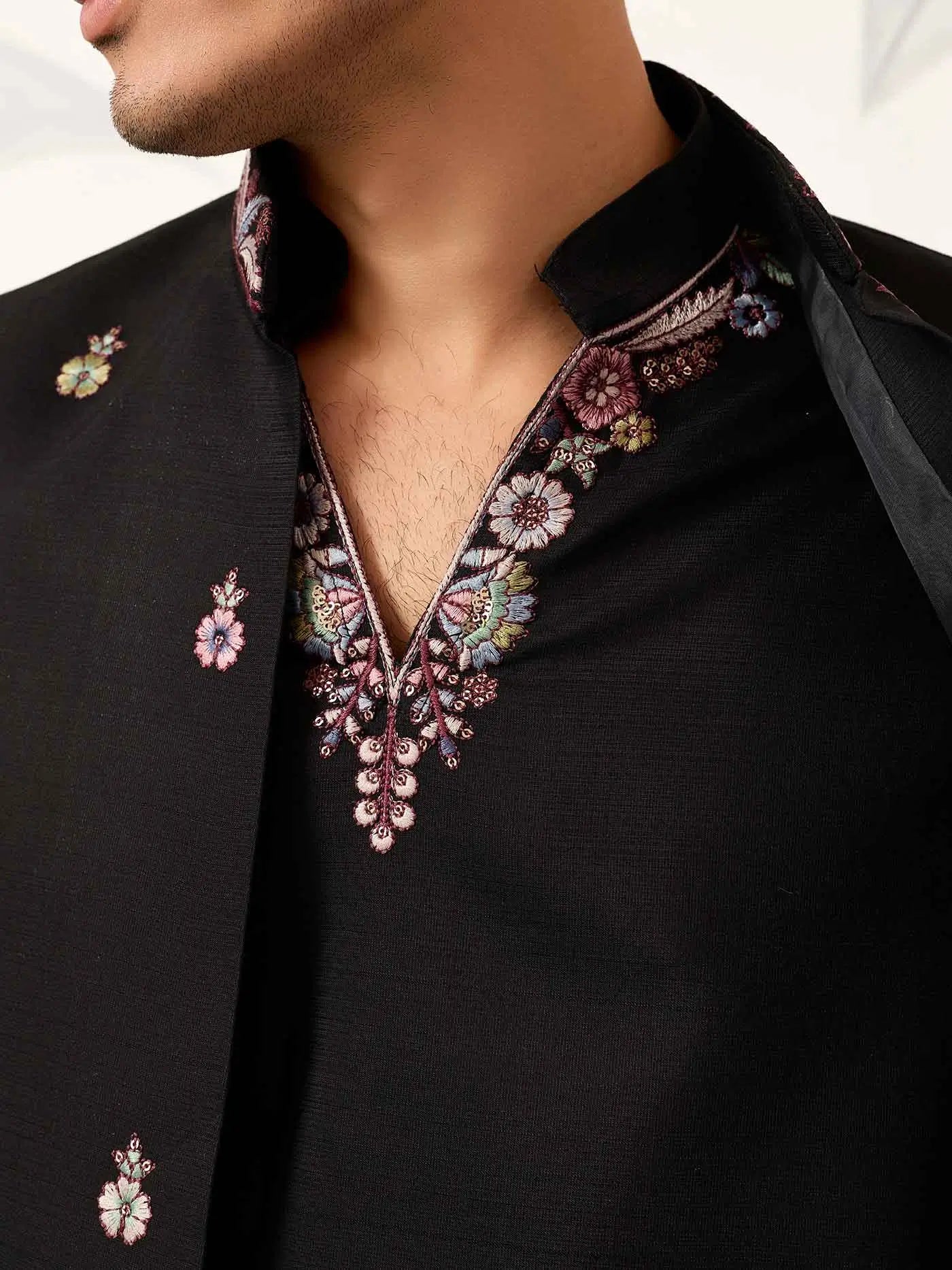 Black Kurta Set With Embroidered Koti